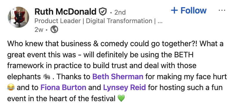 Social media post by Ruth McDonald praising a business and comedy event, mentioning Beth Sherman, Fiona Burton, and Lynsey Reid.