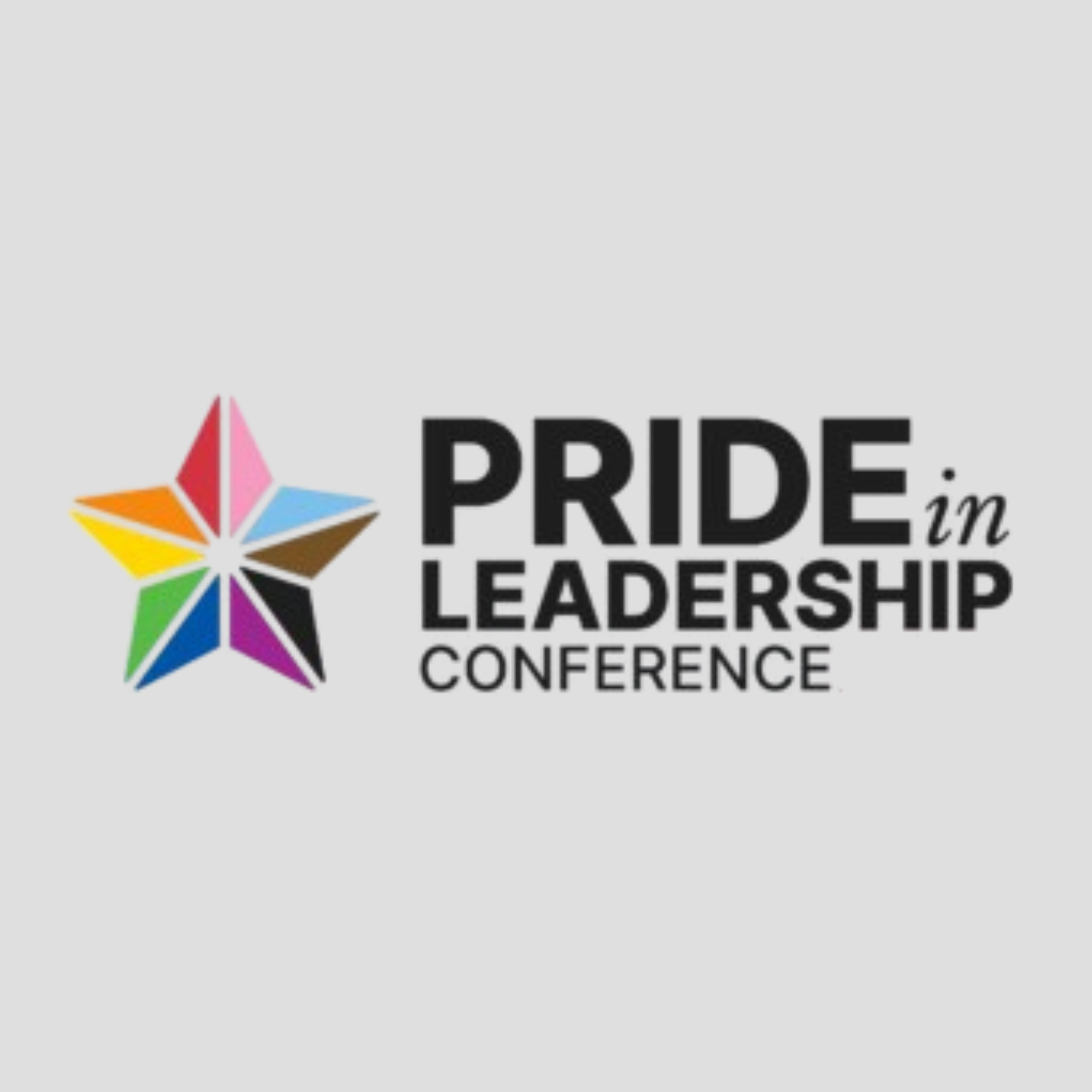 Logo for the Pride in Leadership Conference, featuring a multicolored star and bold black text on a gray background.
