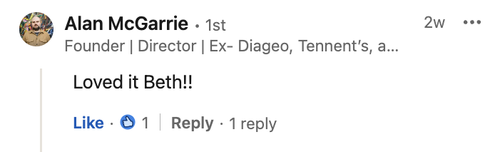 A social media comment from Alan McGarrie expressing love for Beth.