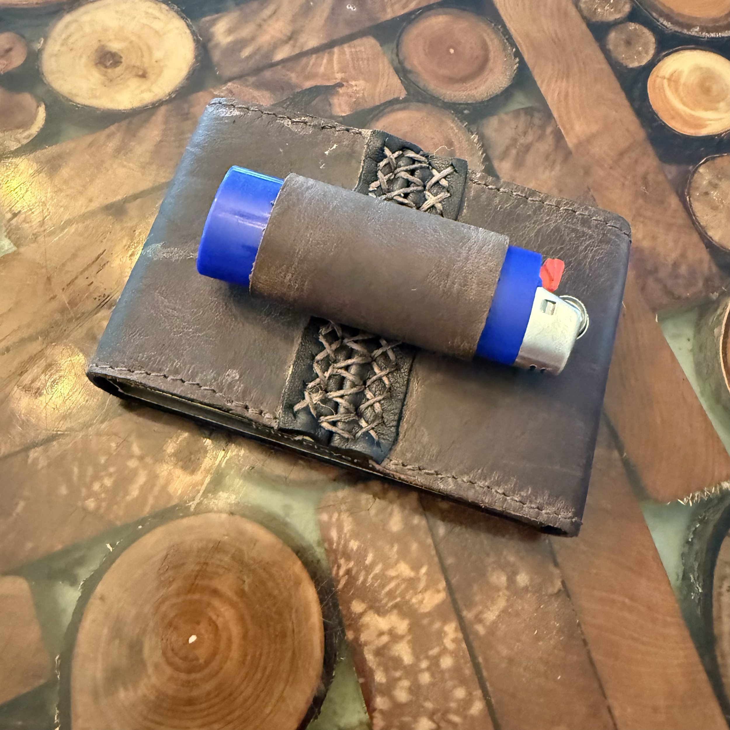 Beaver tail and leather cigarette pack holder, with lighter loop