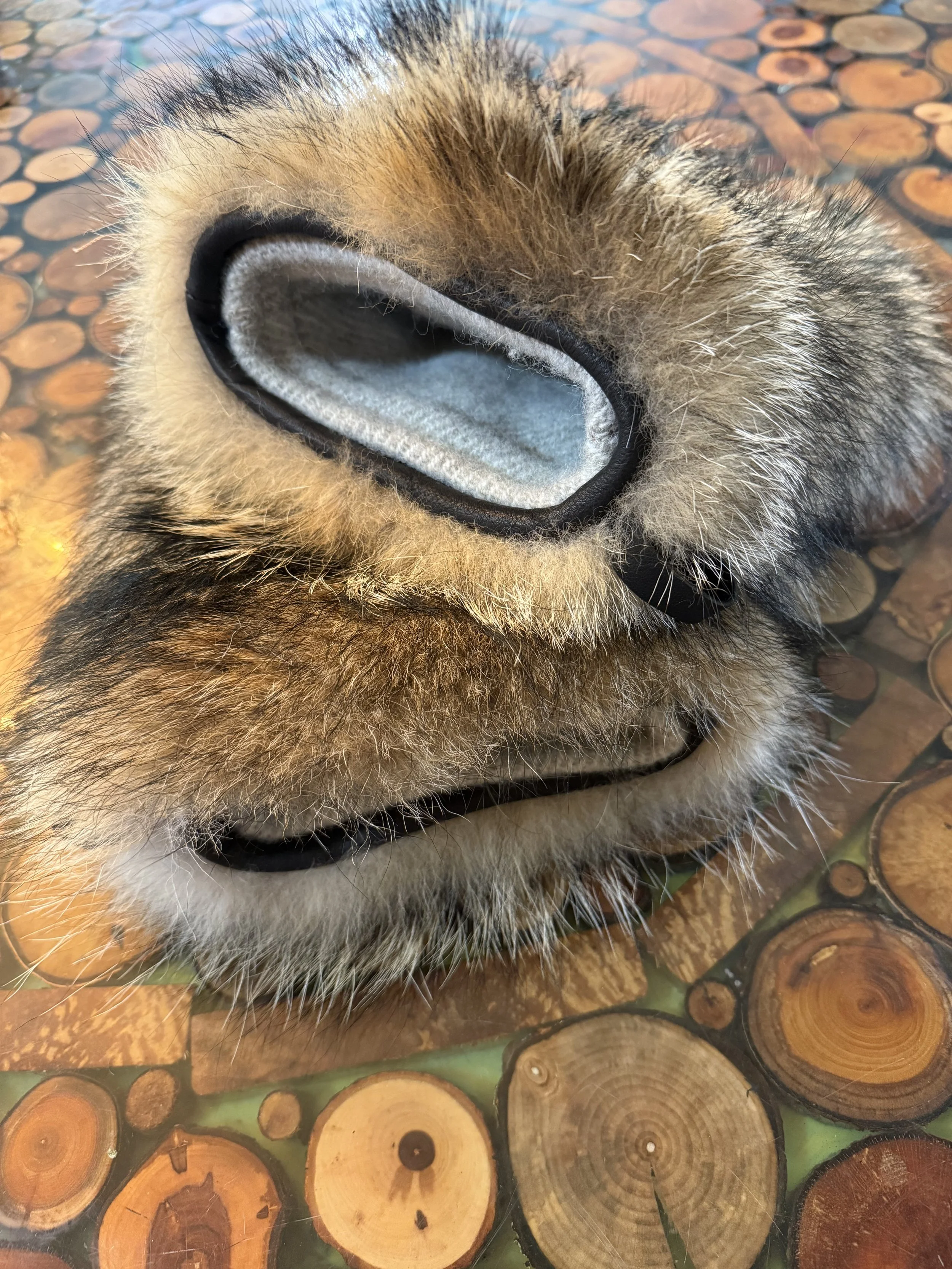 Coyote Fur Mitts, bison leather, removable wool liner