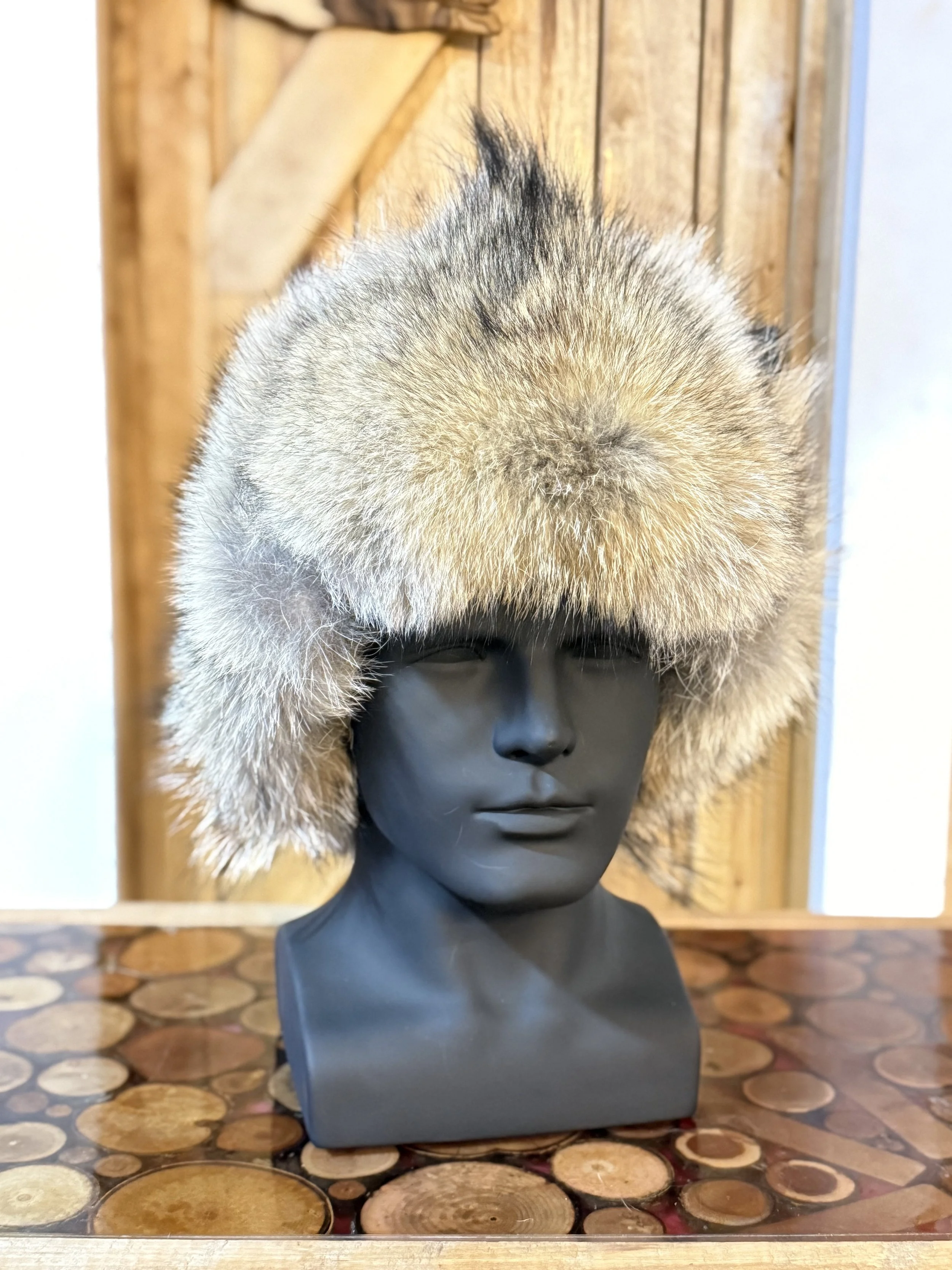 Coyote trapper hat, bison leather