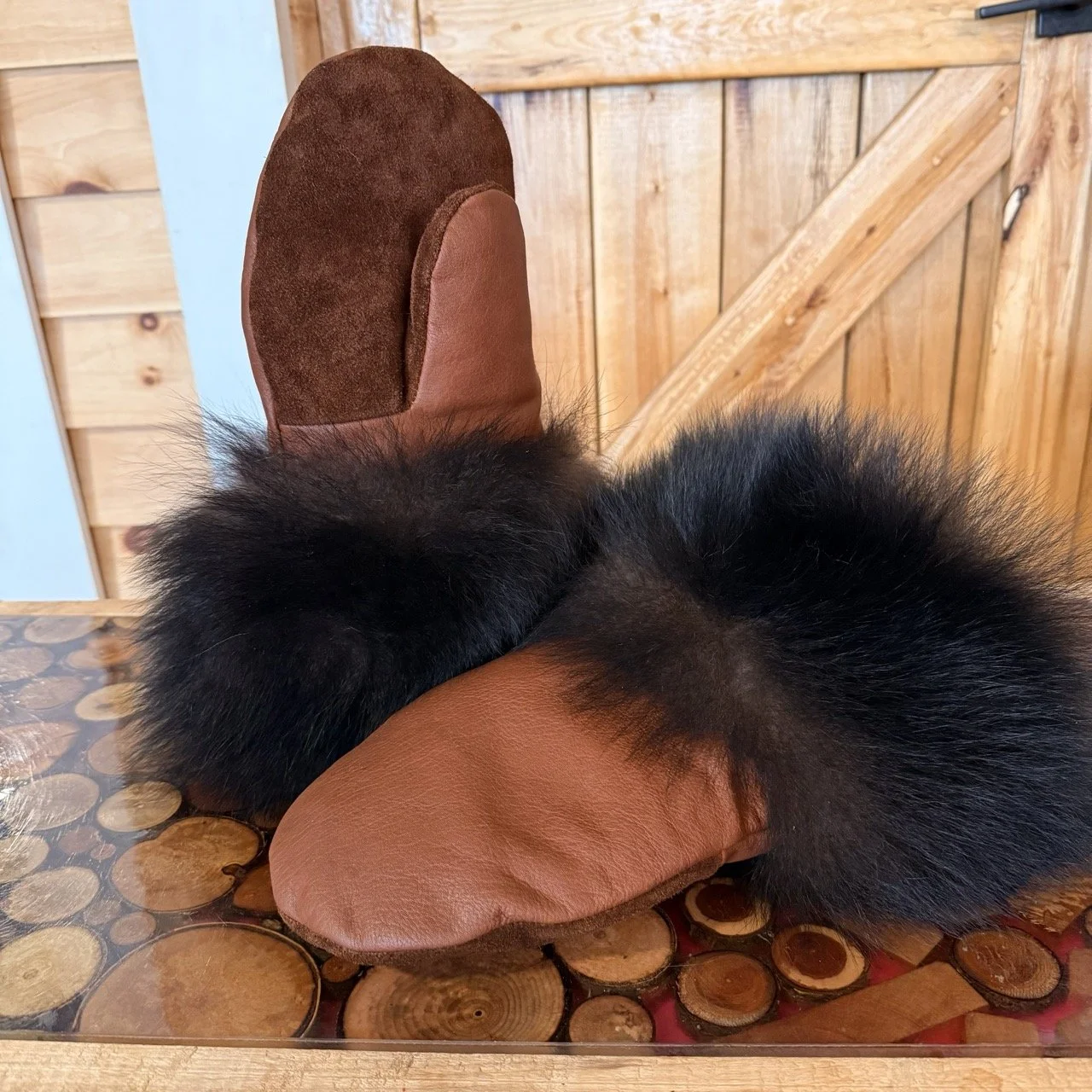 Bear fur cuff mitts, sheepskin liner
