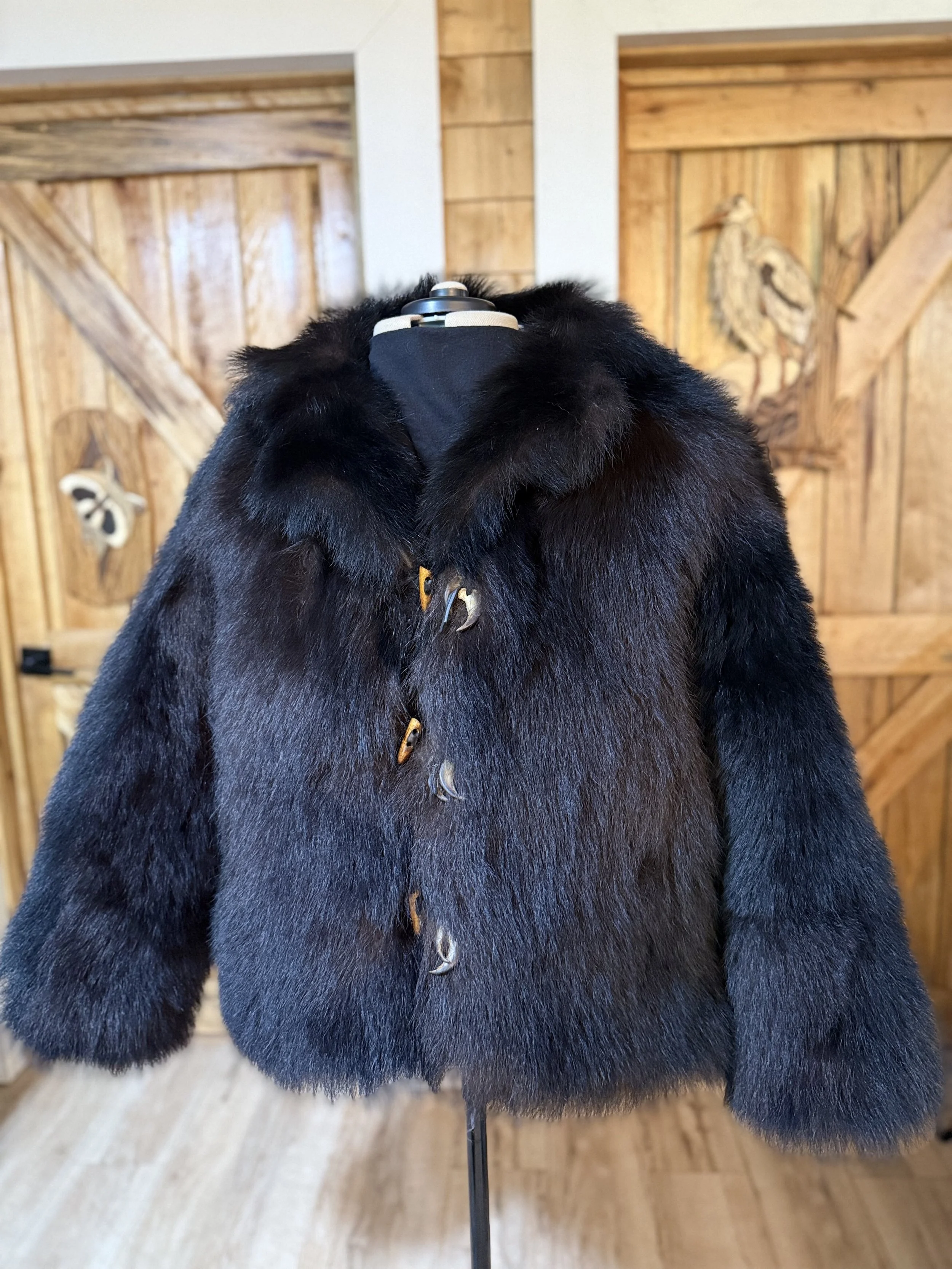 Black bear coat, wood/leather toggles with claws