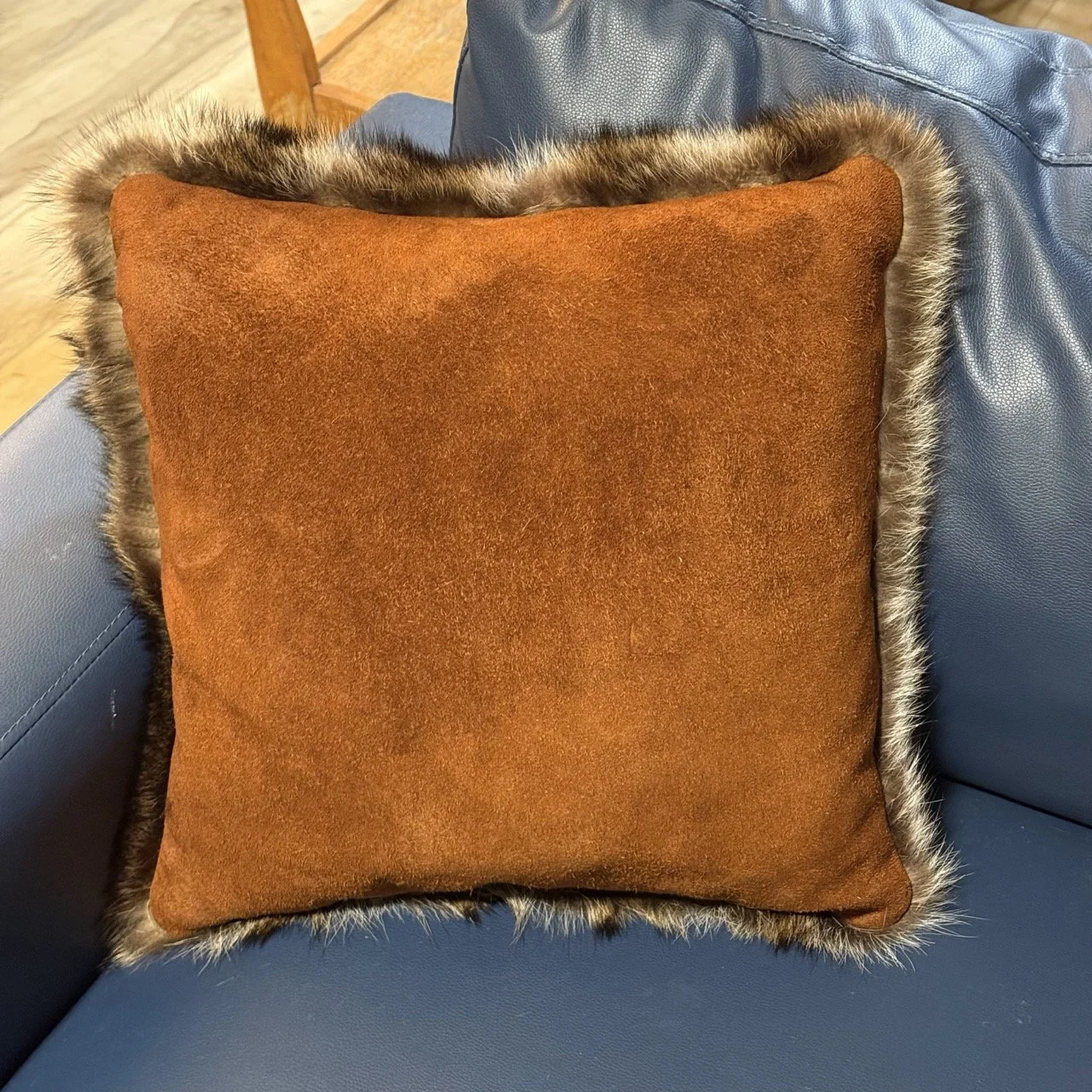 Raccoon pillow from repurposed raccoon coat, bison leather suede back, stuffed with sheep's wool