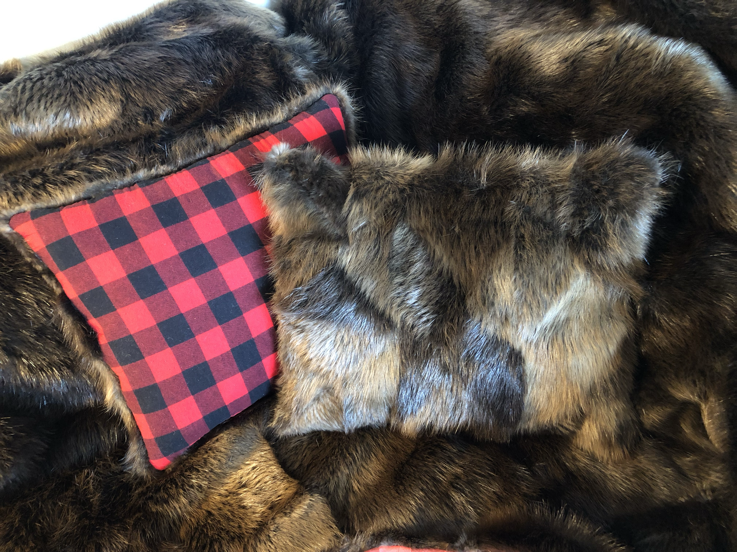 Quilted Beaver pillows, plaid flannel back, sheep wool stuffed