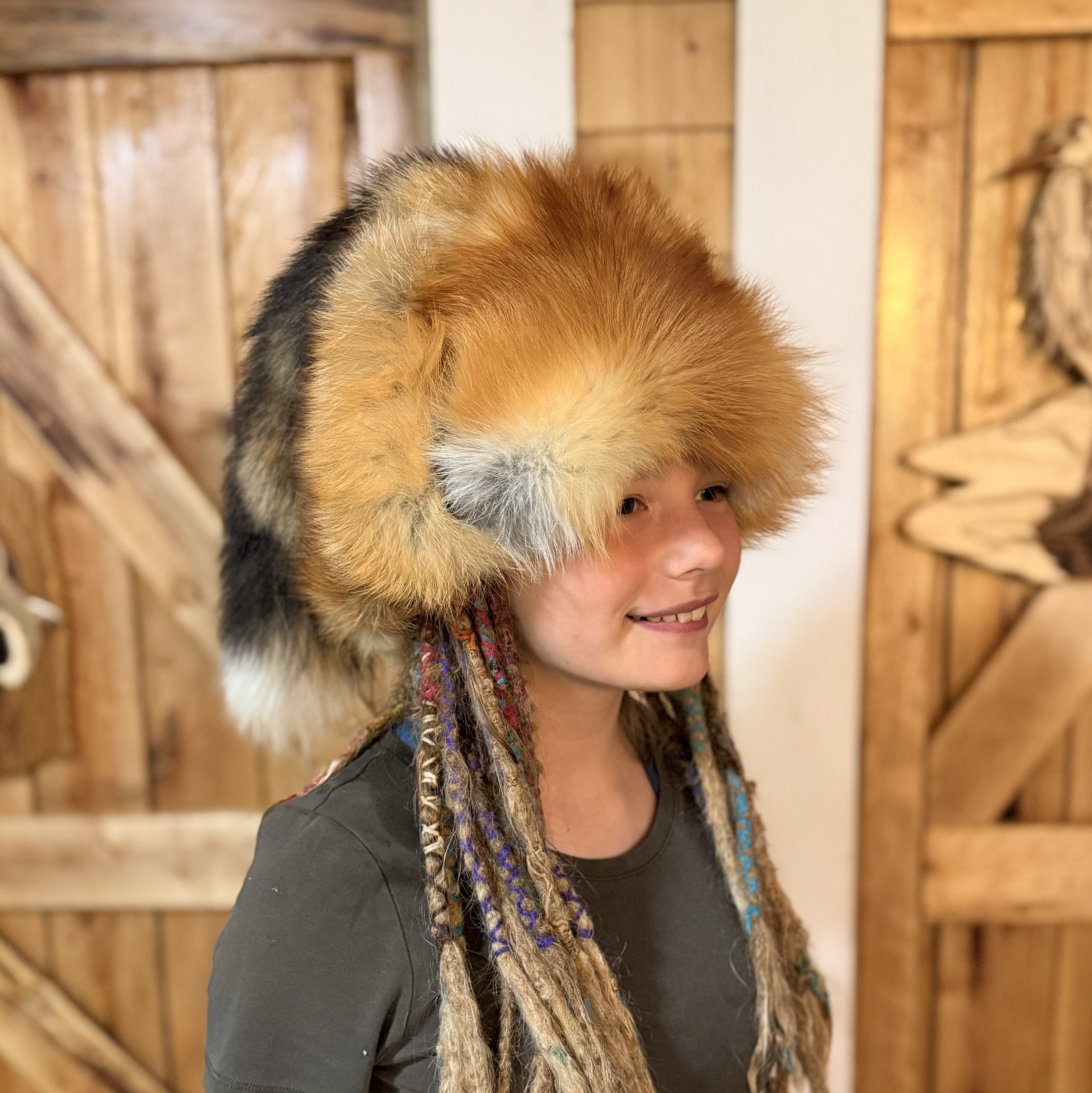 Brown bison leather, fox fur trapper hat with two tails-up