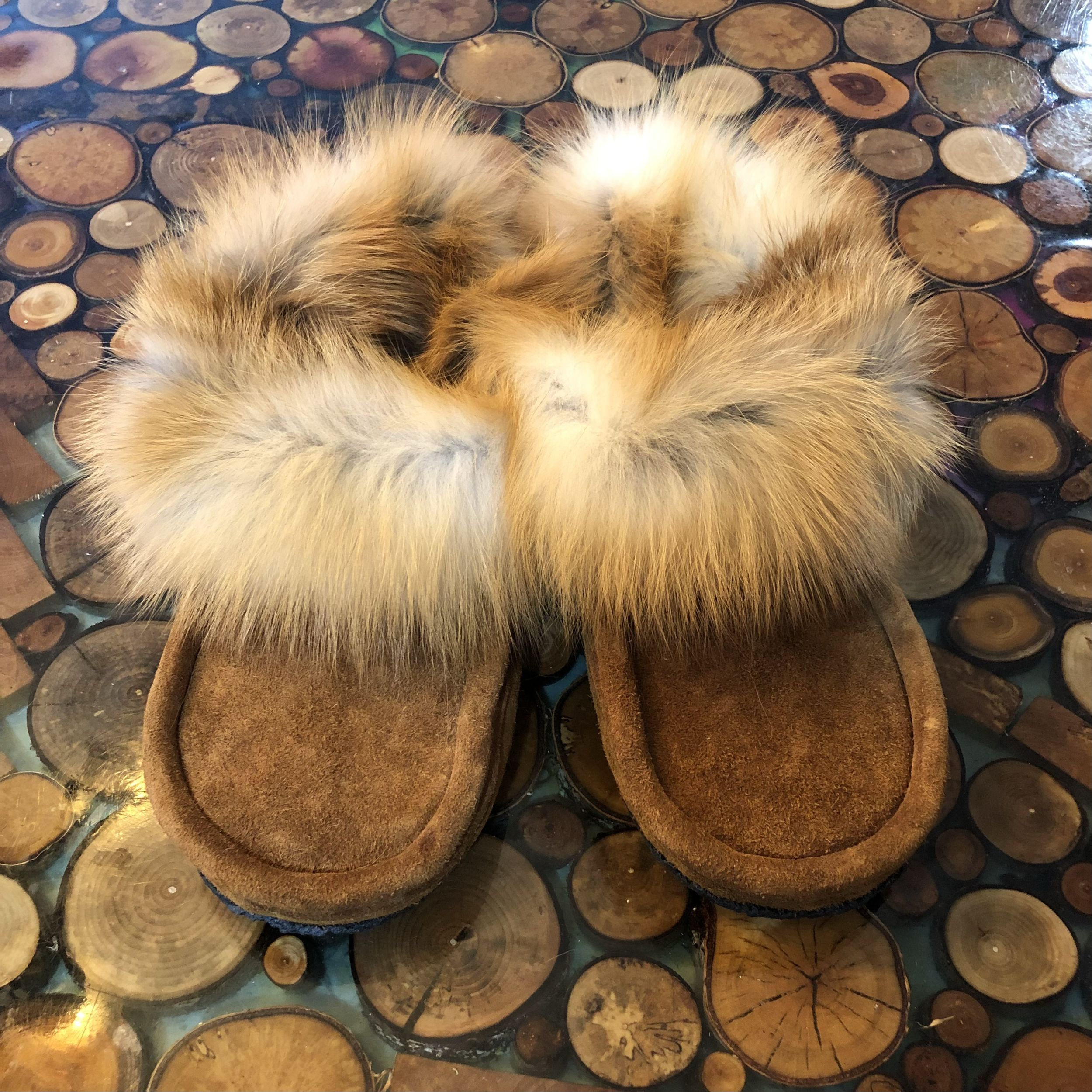 Winter moccasins, brown suede moosehide leather, sheepskin liner, fox fur trim, rubber sole