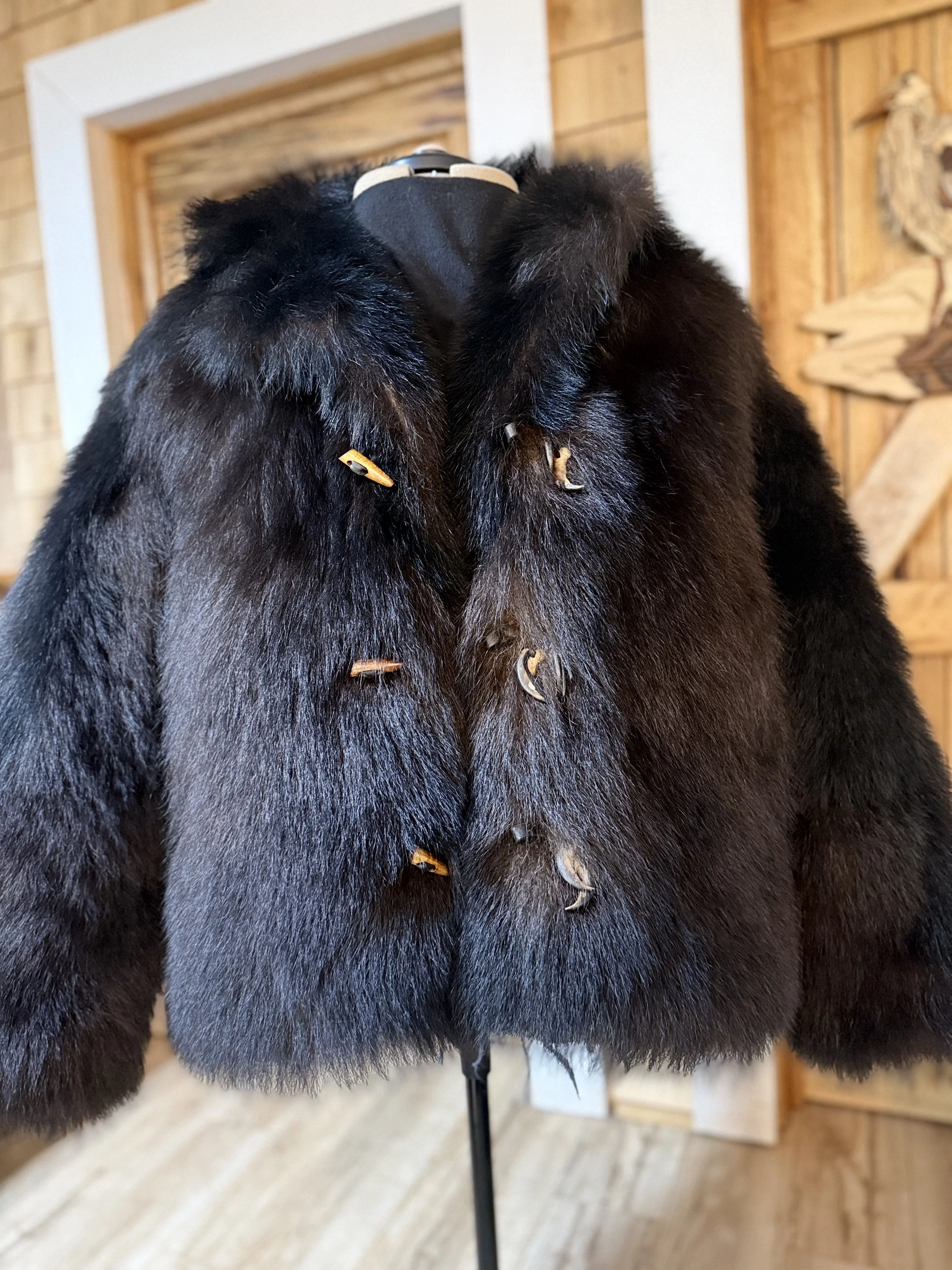 Black bear coat, wood/leather toggles with claws