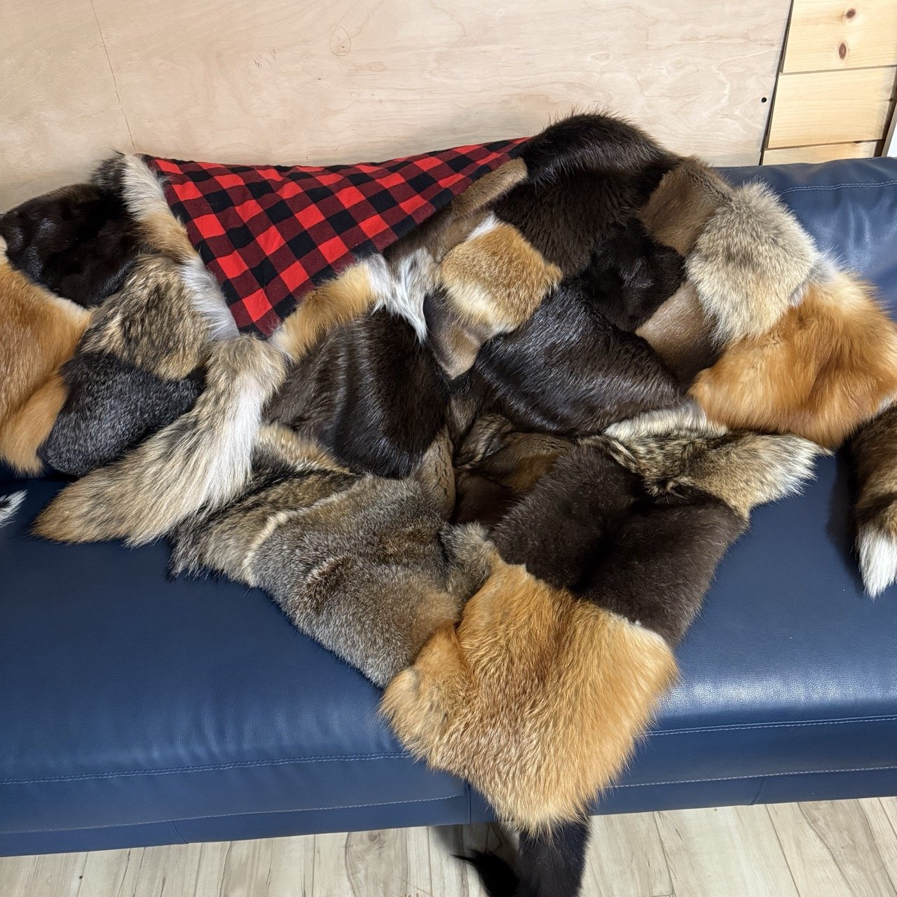 Couch Throw Fur Quilt, with tails, wool batting interior, plaid cotton backing
