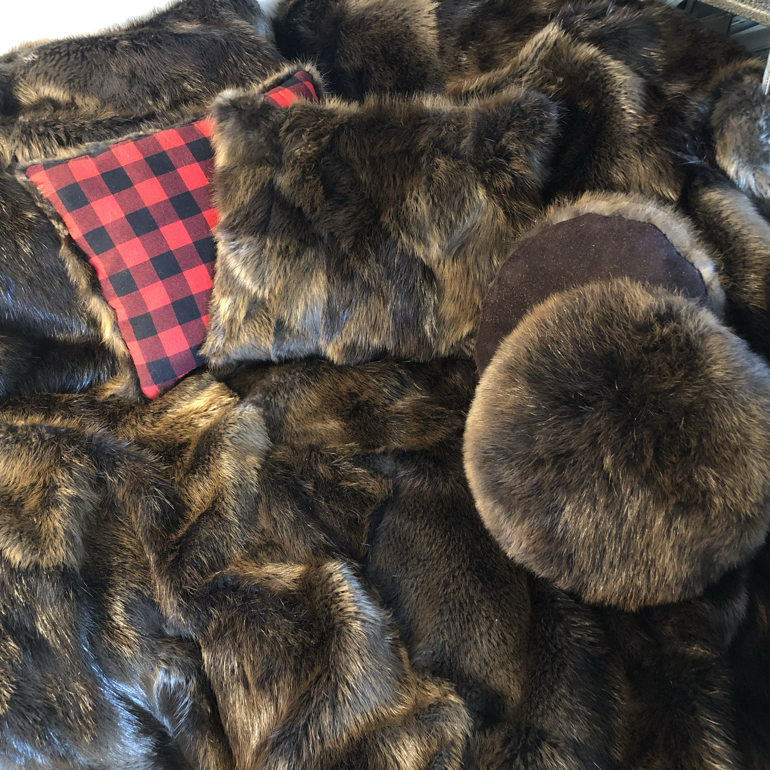 Quilted Beaver Rectangle pillows, plaid back & Round beaver pillows, moosehide leather back.