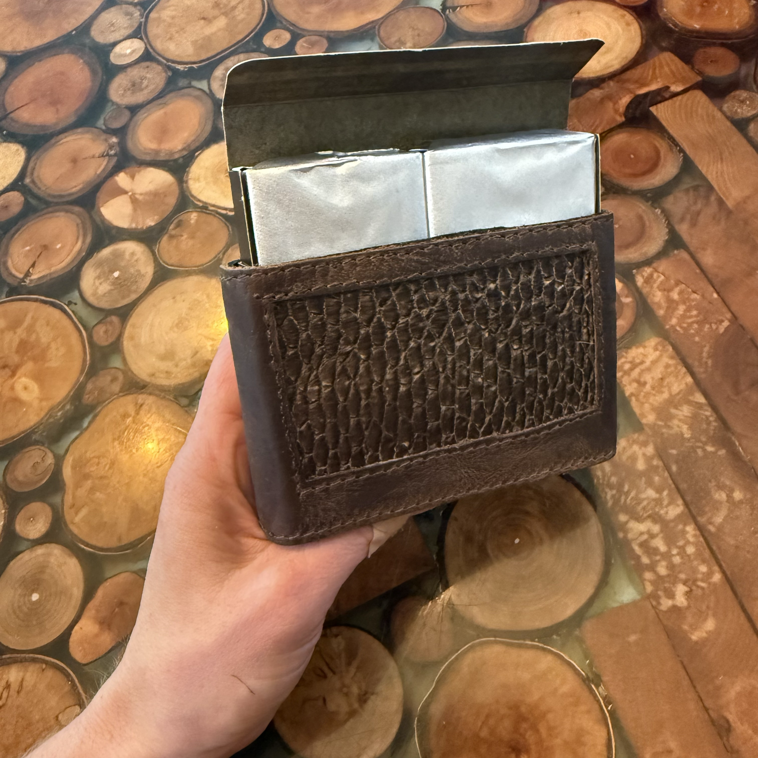 Beaver tail and leather cigarette pack holder, with lighter loop