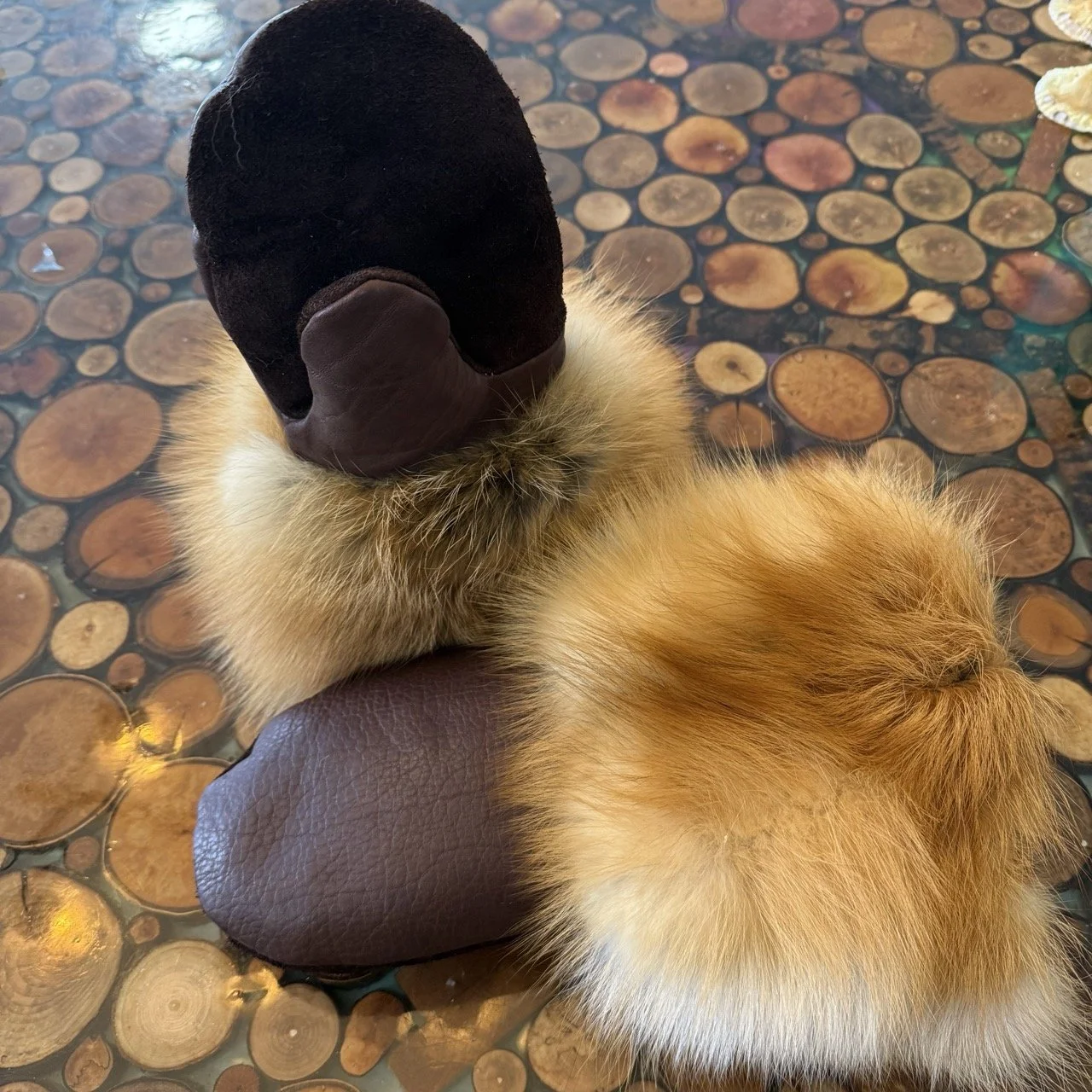 Fox fur cuff mitts, sheepskin liner, bison leather