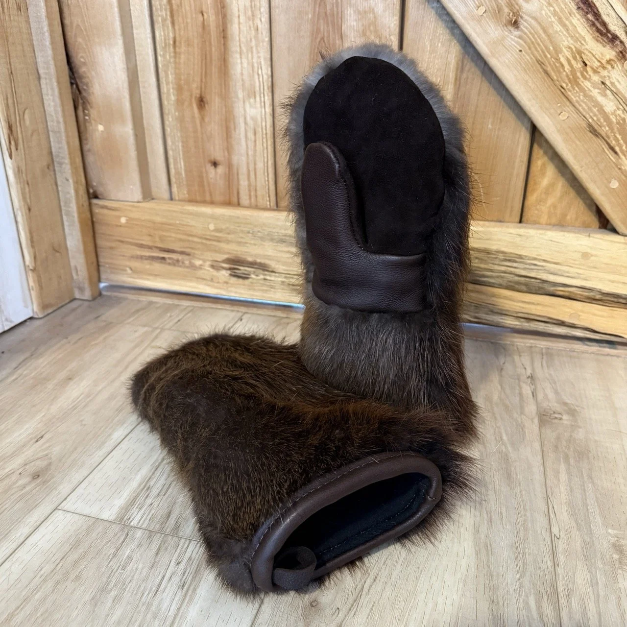 Beaver mitts, wool liner, bison leather