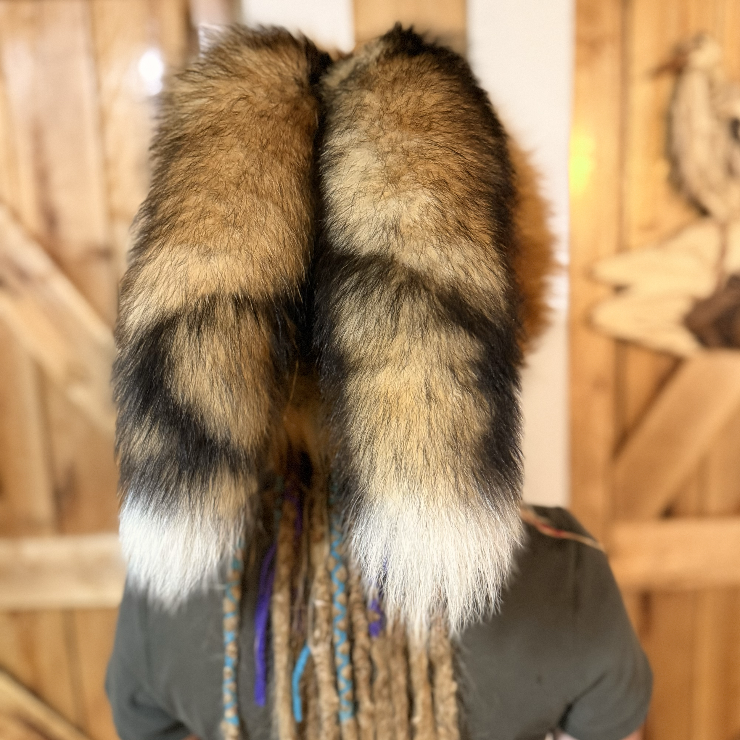 Brown bison leather, fox fur trapper hat with two tails-up