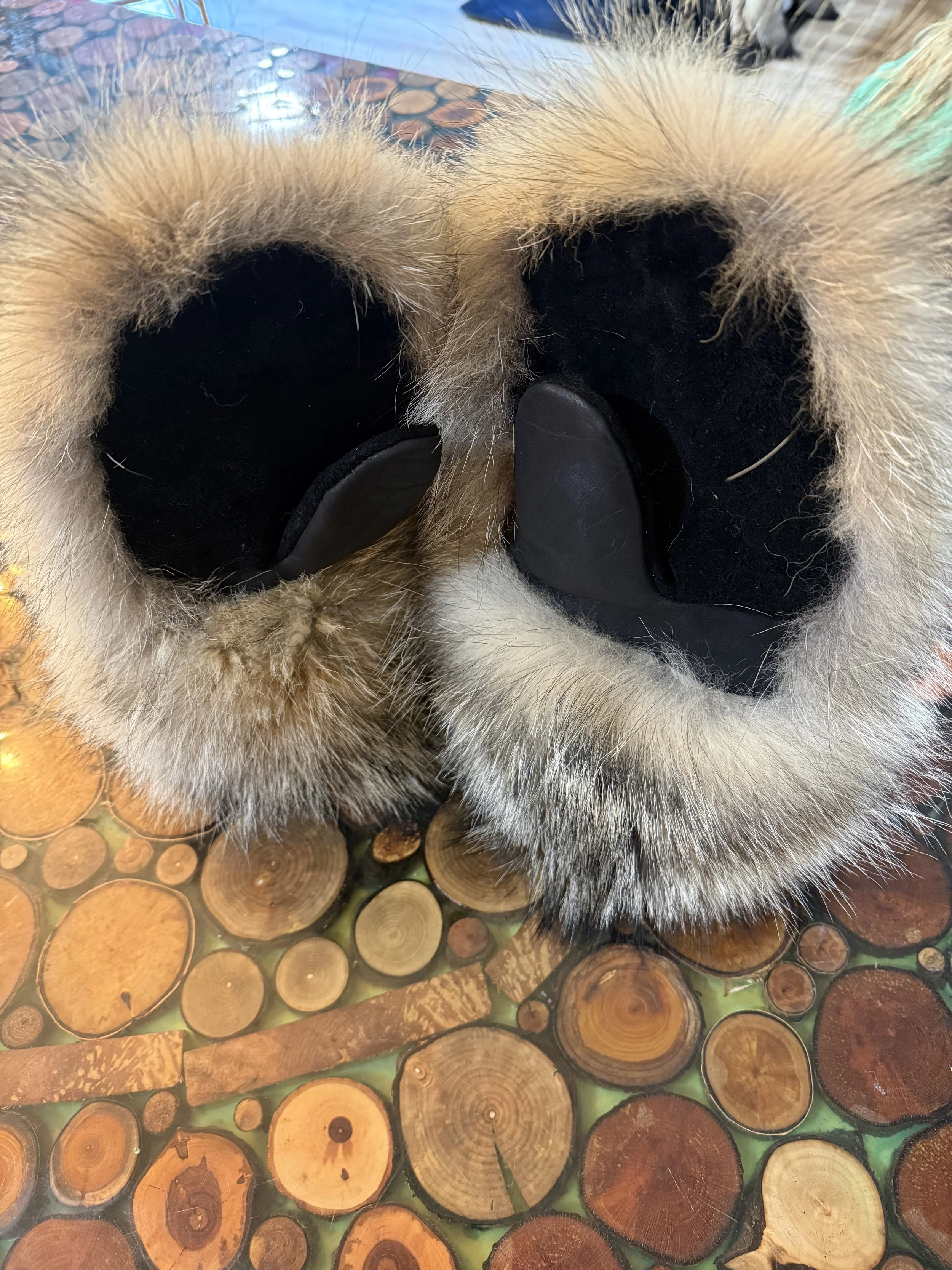 Coyote Fur Mitts, bison leather, removable wool liner