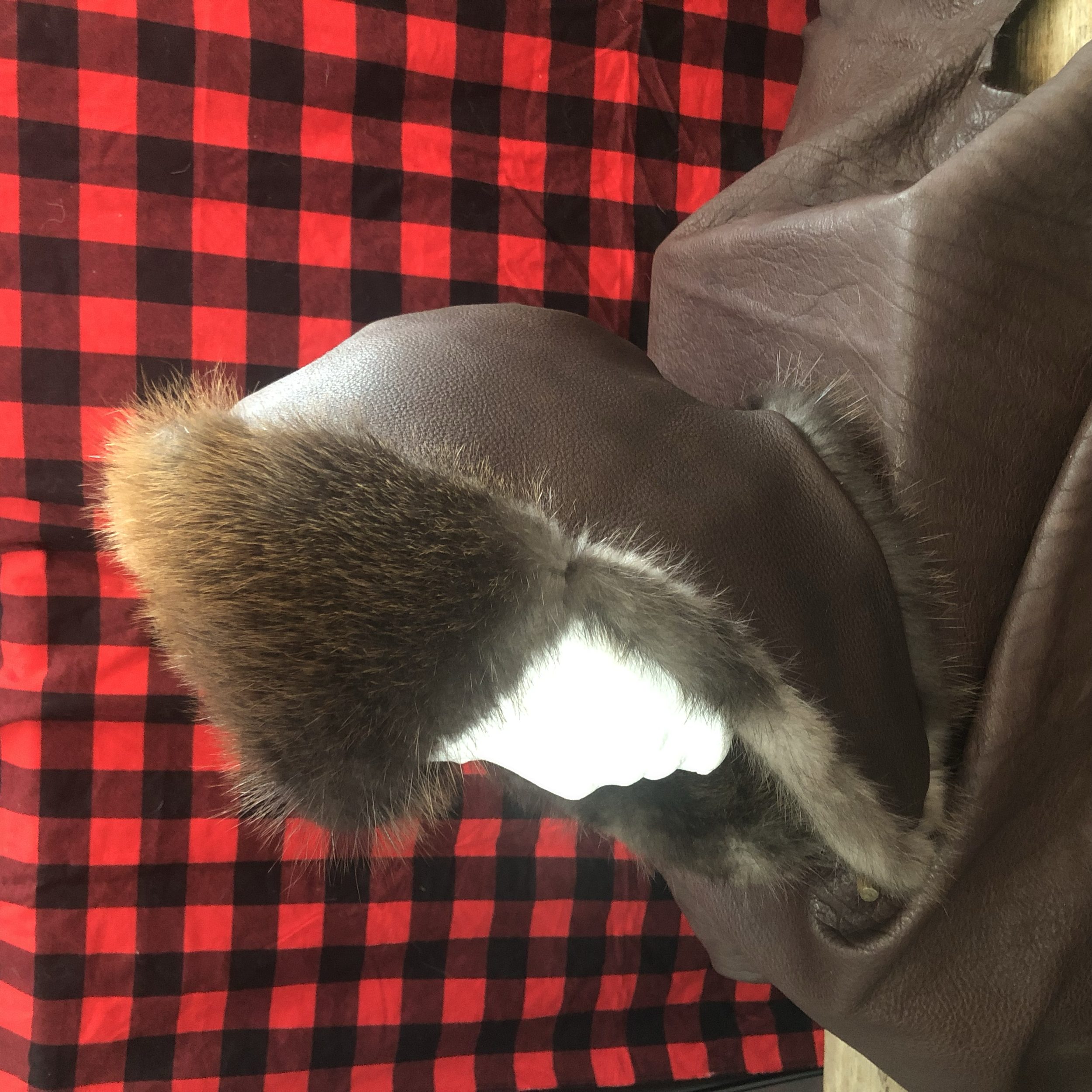 Beaver hat, dark bison leather, ear flaps down, wood toggle