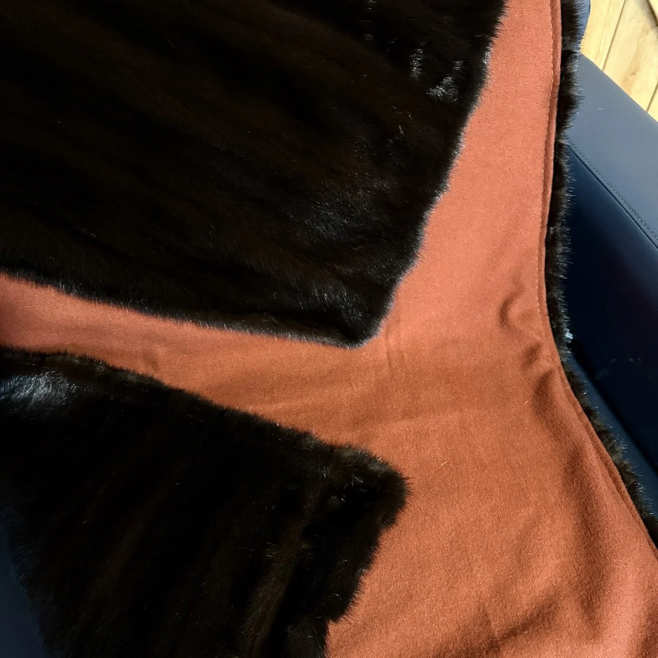Mink coat repurposed throw blanket, wool backing
