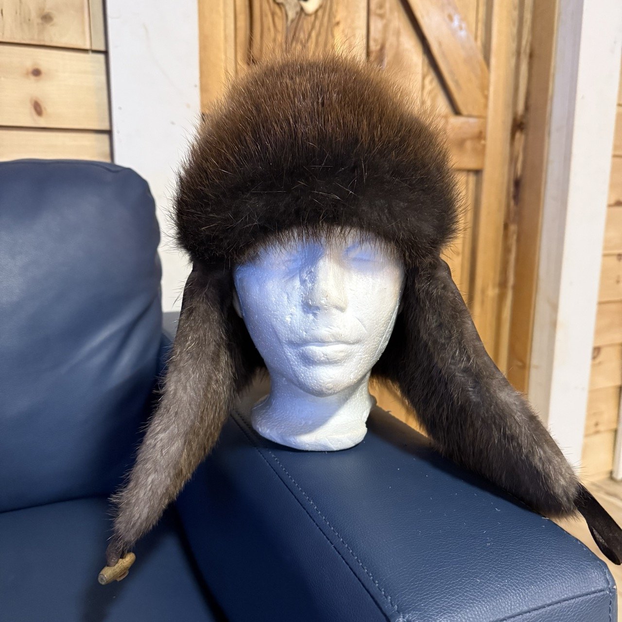 Dark brown bison leather, Beaver fur trapper hat