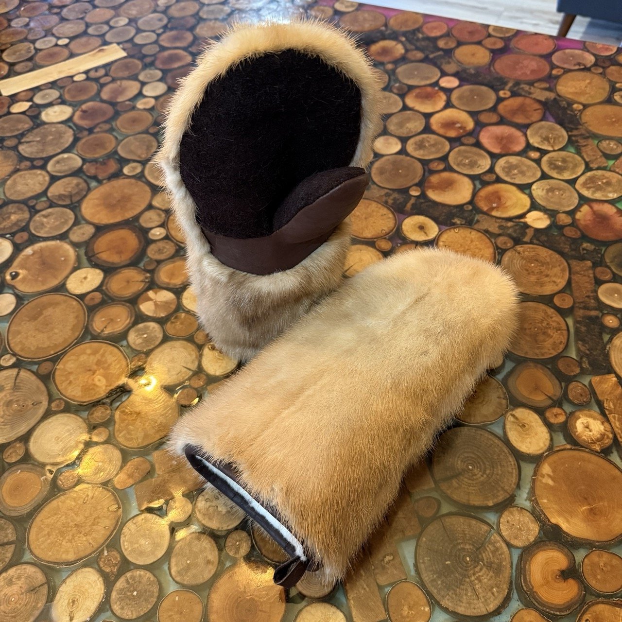 Repurposed mink coat into mink fur mitts, sheepskin liner, bison leather