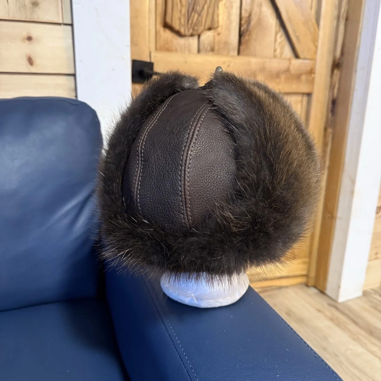 Dark brown bison leather, Beaver fur trapper hat