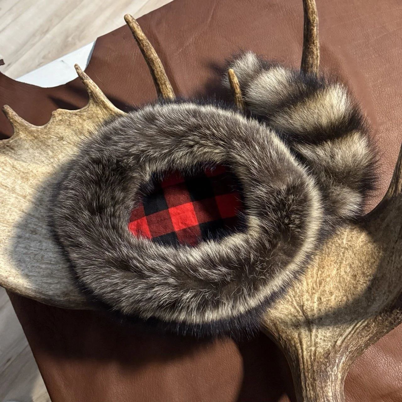 Classic Raccoon hat with tail, wool and plaid flannel liner