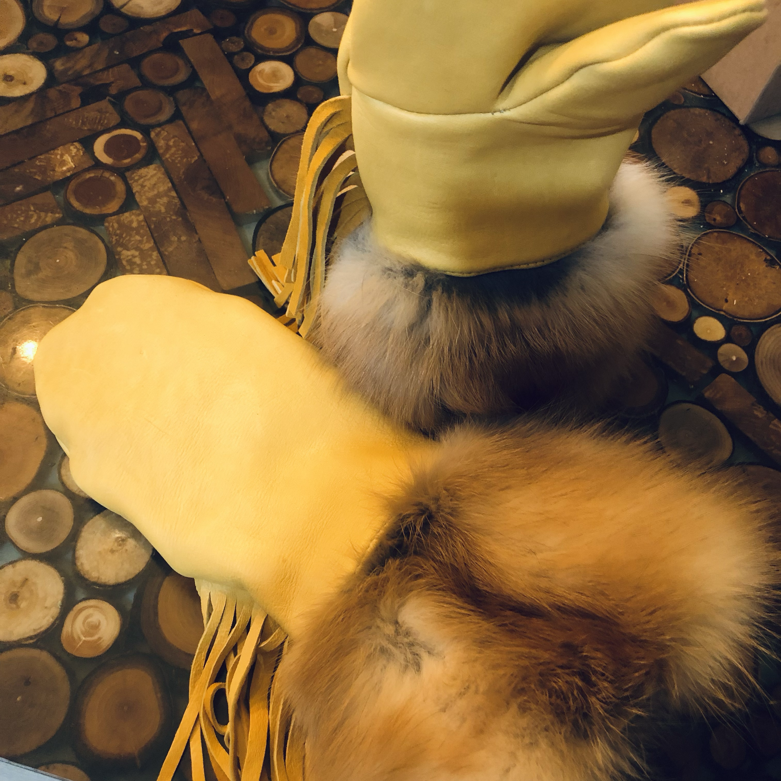 Fox fur cuff mitts, deer leather, wool lined, fringe