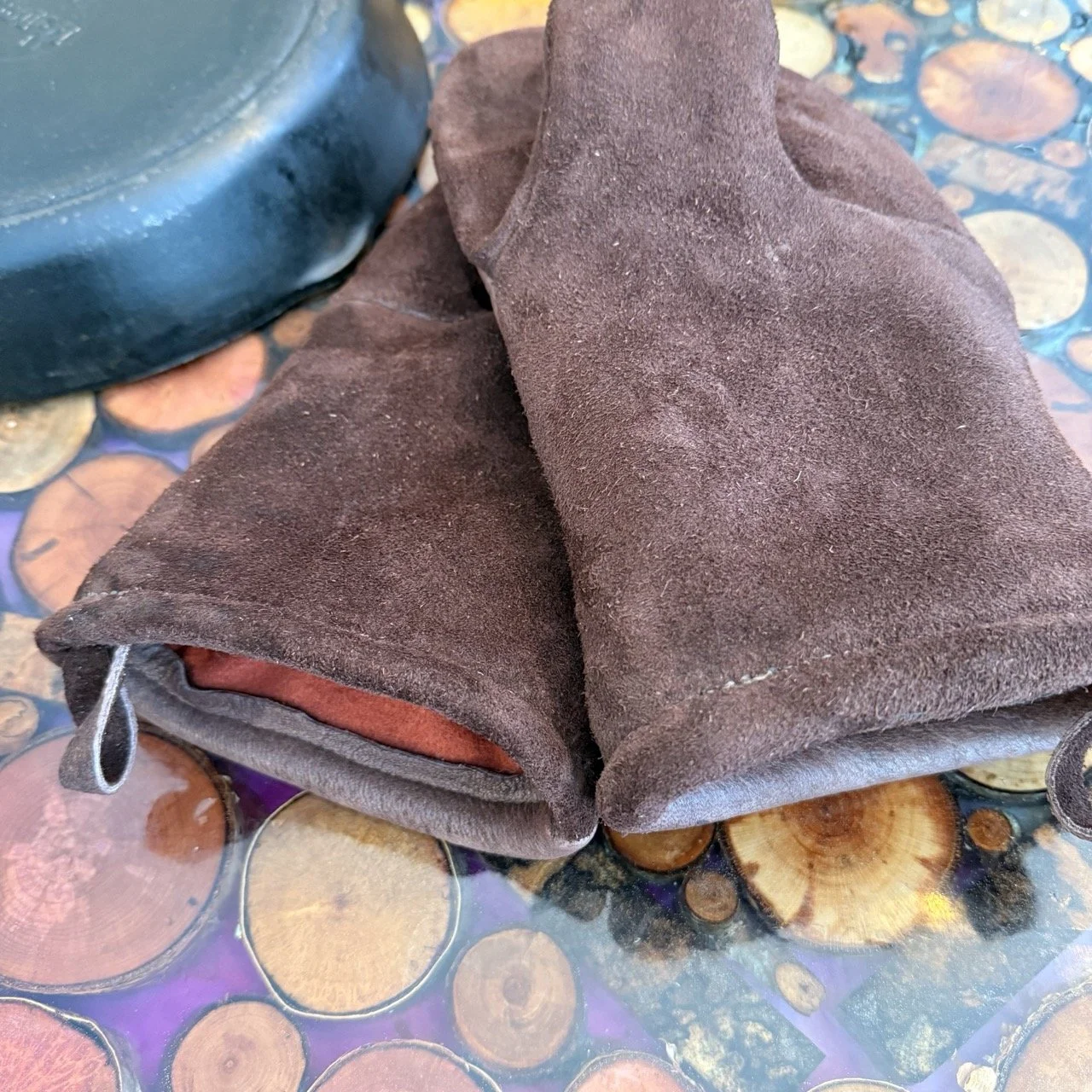 Brown moosehide mitts (outdoor cooking mitts), wool liner