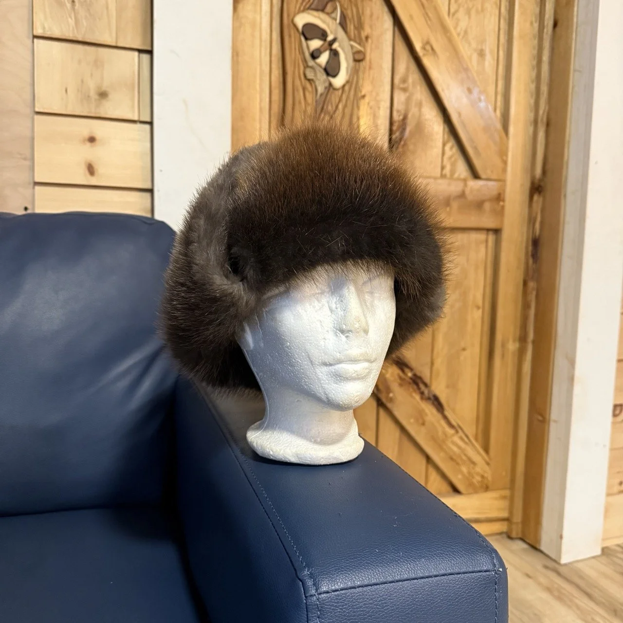 Dark brown bison leather, Beaver fur trapper hat