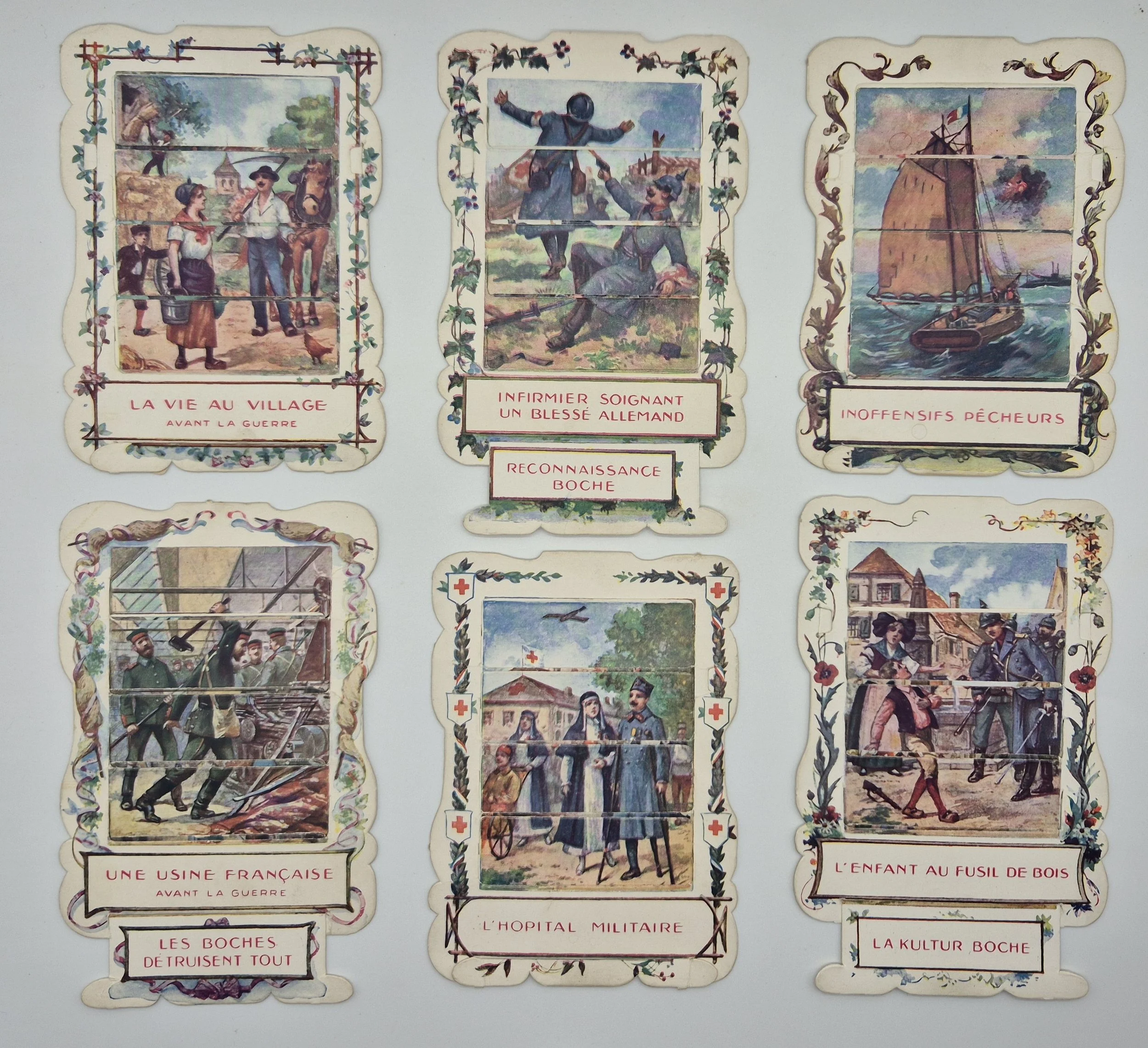 A series of six transformation cards