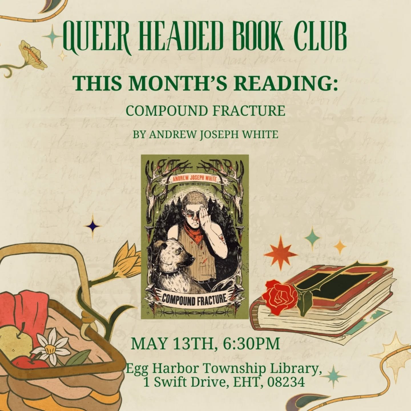 This month's book for Queer Headed Book Club is Compound Fracture by Andrew Joseph White. Join us on May 13th, 6:30-7:30pm at the Egg Harbor Township Library meeting room!
RSVP at the link in our bio to let us know you're coming!
*If possible have