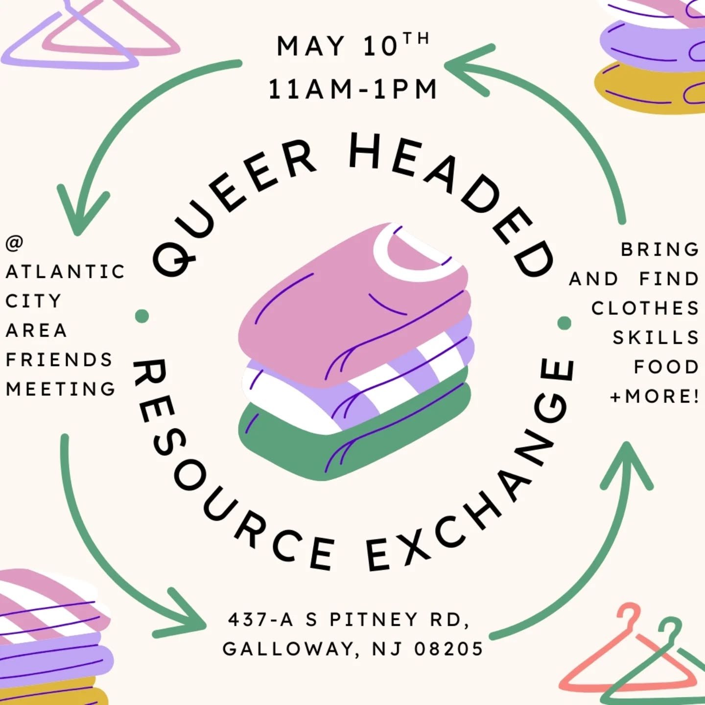 Queer Headed will be hosting a resource exchange at the Atlantic City Area Friends Meeting in Galloway this Saturday, May 10th from 11am-1pm!
📍437-A S Pitney Rd, Galloway, NJ 08205
This won't be a one for one exchange, you don't have to bring an