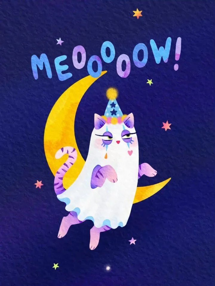 BrRrRr 🎃 chat fait peuuur ! (Ou chat miaule faux 👀). 
Ghost-cat-Pierrot, niveau frayeur : 0/10.
Mais niveau style : intergalactiquement parfait. 🌙💫
👻 happy Halloween 🙀