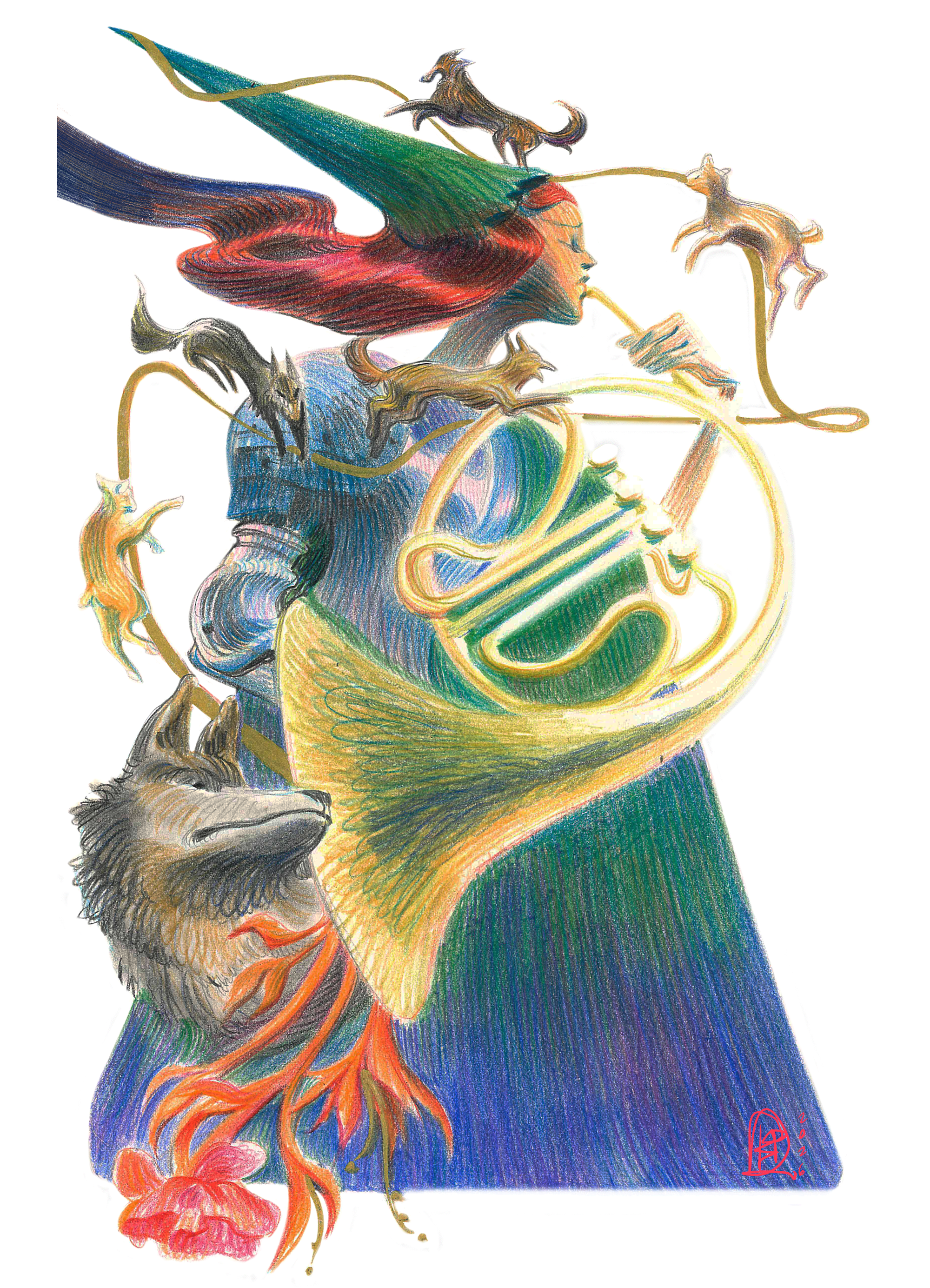 Illustrazione artistica di una donna con capelli colorati, con animali come gatti e un cane attorno, e con un grande cappello con fiori e furia di colori vivaci.