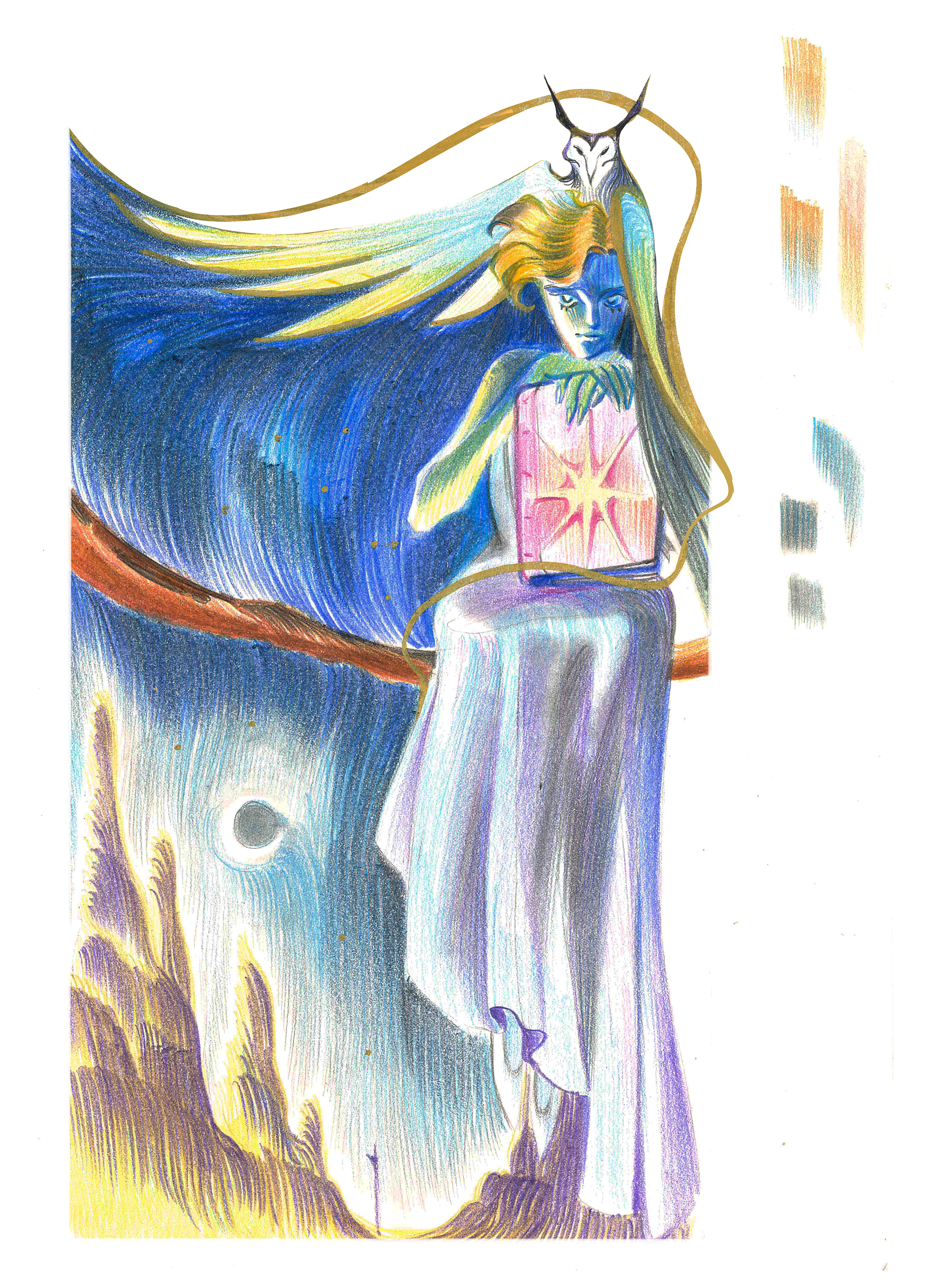Illustrazione di un personaggio con lunghi capelli colorati e un cappello con corna, sedevole con la testa appoggiata sulla mano, con uno sfondo astratto di colori vivaci e alti.