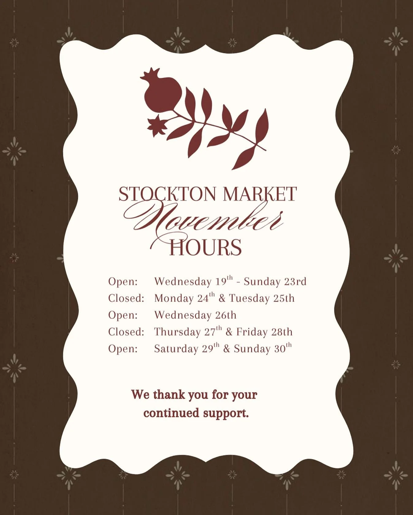 As we move into the heart of the holiday season, our hours adjust slightly. Save these updated November hours and stop in for all your favorites 🍂