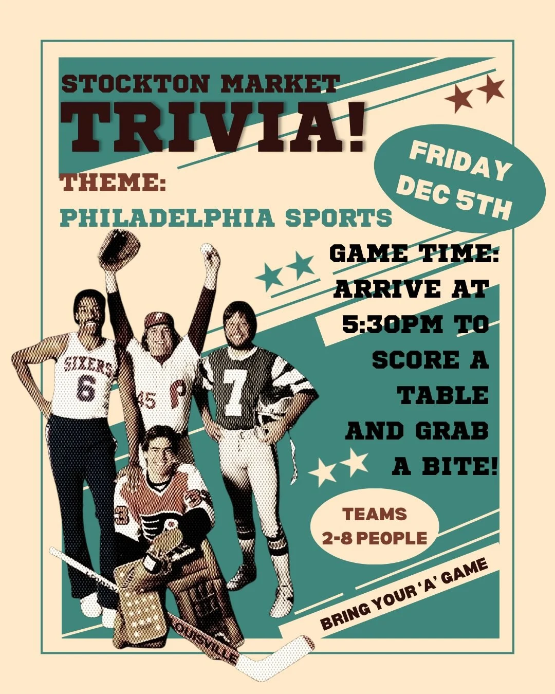 Philly sports fans - don&rsquo;t be a jabroni 🦅💚
Get your crew together for our next Trivia Night, all about Philly Sports Friday, December 5th 🏀🏈⚾️🏒

This event is BYOB - as always! We&rsquo;ll have cheesesteaks- wit or witout - because we&rsqu