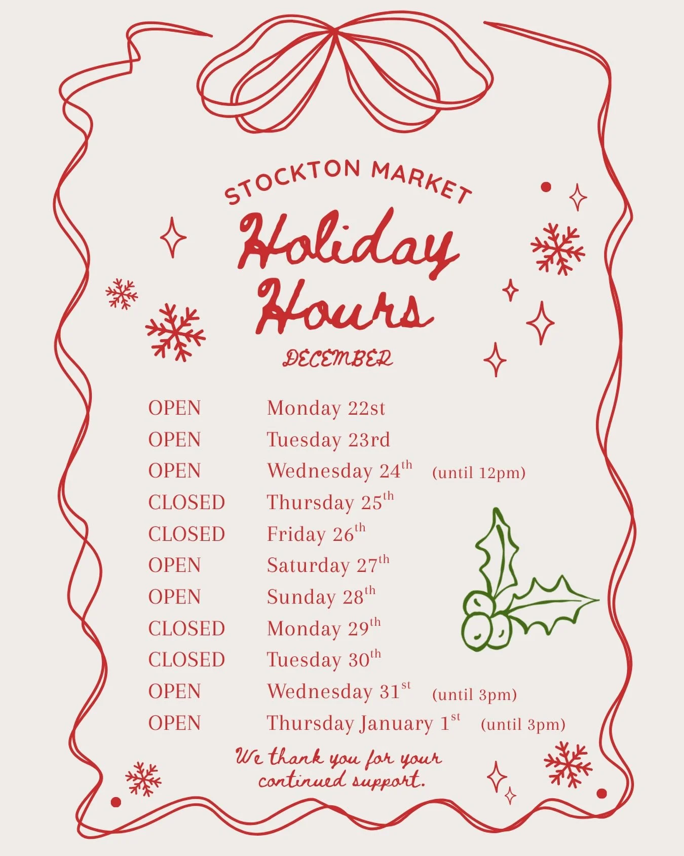 Updated Holiday Hours 🌟🤍
We&rsquo;ll be open Monday December 22nd and Tuesday December 23rd to spread a little extra holiday joy this season! On our website now is our Holiday Catering menu, available to order until December 20th, with pickup anyti