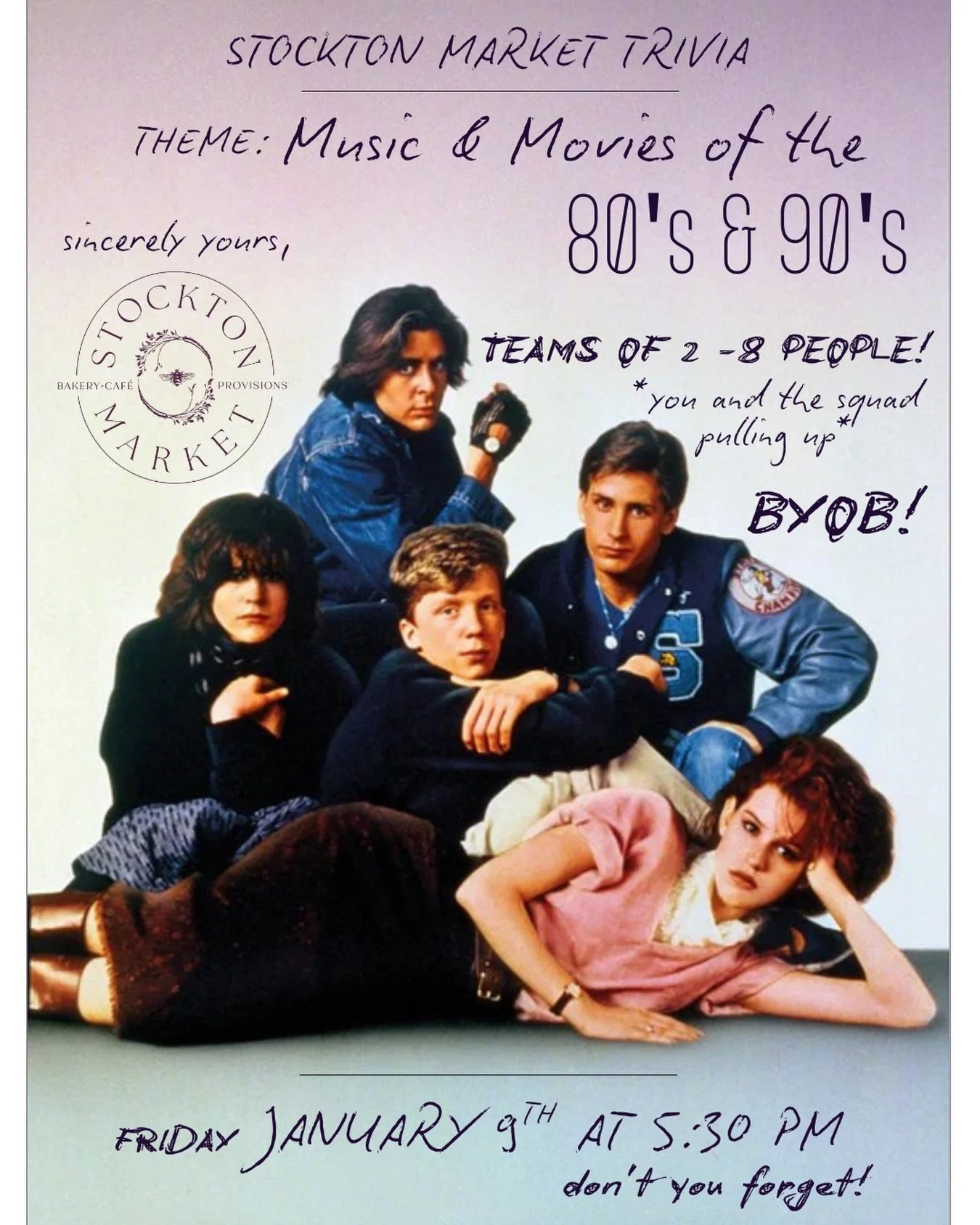 Dear Mr Vernon, 
Next Friday, January 9th at 5:30 pm, we accept your challenge of attending trivia. This month&rsquo;s theme is 80s &amp; 90s movies and music, does that answer your question? 
Sincerely yours,
The Stockton Market
&mdash;&mdash;&mdash
