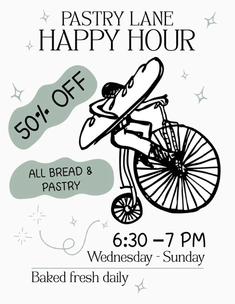 We bake our breads and pastries fresh every day, and if anything is left by evening, it deserves a good home. Welcome to Pastry Lane Happy Hour - enjoy 50% off all breads and pastries from 6:30 &ndash; 7pm 🥐
&mdash;&mdash;&mdash;&mdash;&mdash;&mdash