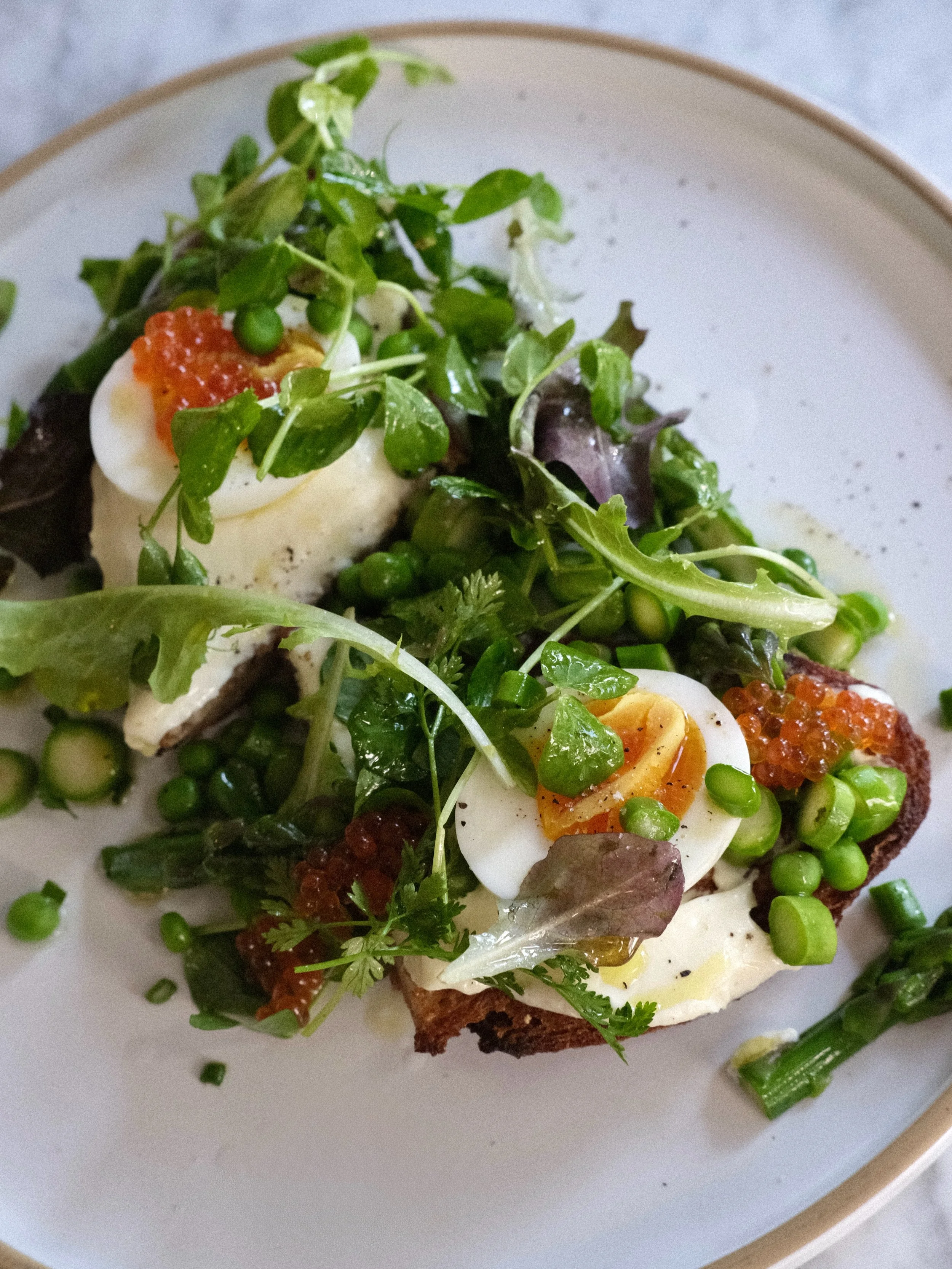 As the weather warms up, so does our menu 🌞

To start, the French Toast 3.0 is now topped with fresh strawberries and rhubarb jam, and we&rsquo;ve added some new seasonal dishes:

Green Market Tartine // Ricotta, peas, asparagus, pickled red onions,