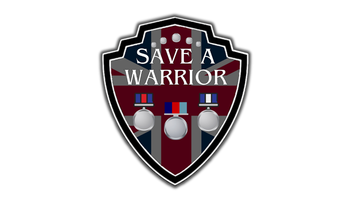 A badge with a Union Jack design and the text 'Save a Warrior'; includes medals and a stylized shield outline.
