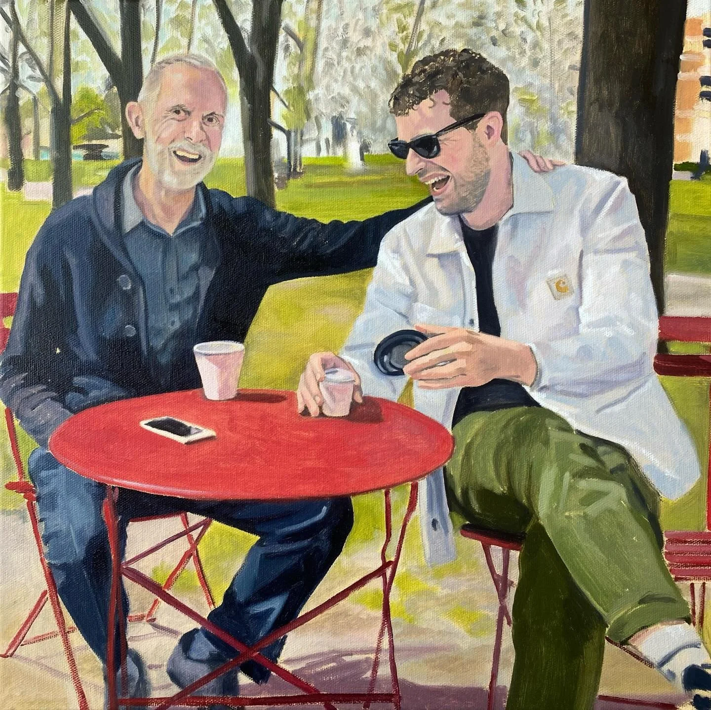 Gaz and his dad in a park. A lovely commission to do that his friends pitched together for. It was a very complex image and was hard to paint as a double portrait but very rewarding to complete and a painting that will be treasured forever which make