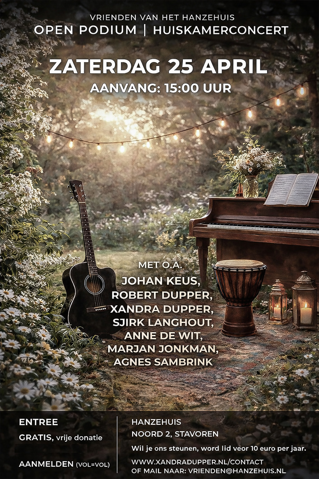 Wordt Vrienden van het Hanzehuis en geniet van onze muziekevents, kunst en lezingen. Voor meer informatie hierover, neem contact op via vrienden@hanzehuis.nl. Voor 10 euro per jaar ben je lid en steun je onze culturele activiteiten.