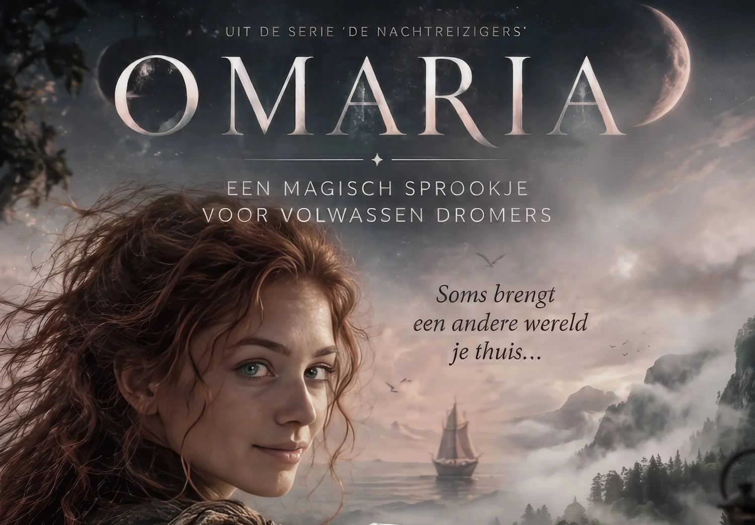 Poster van Omaria: Sinne, met op de achtergrond een zeilschip tussen de wolken