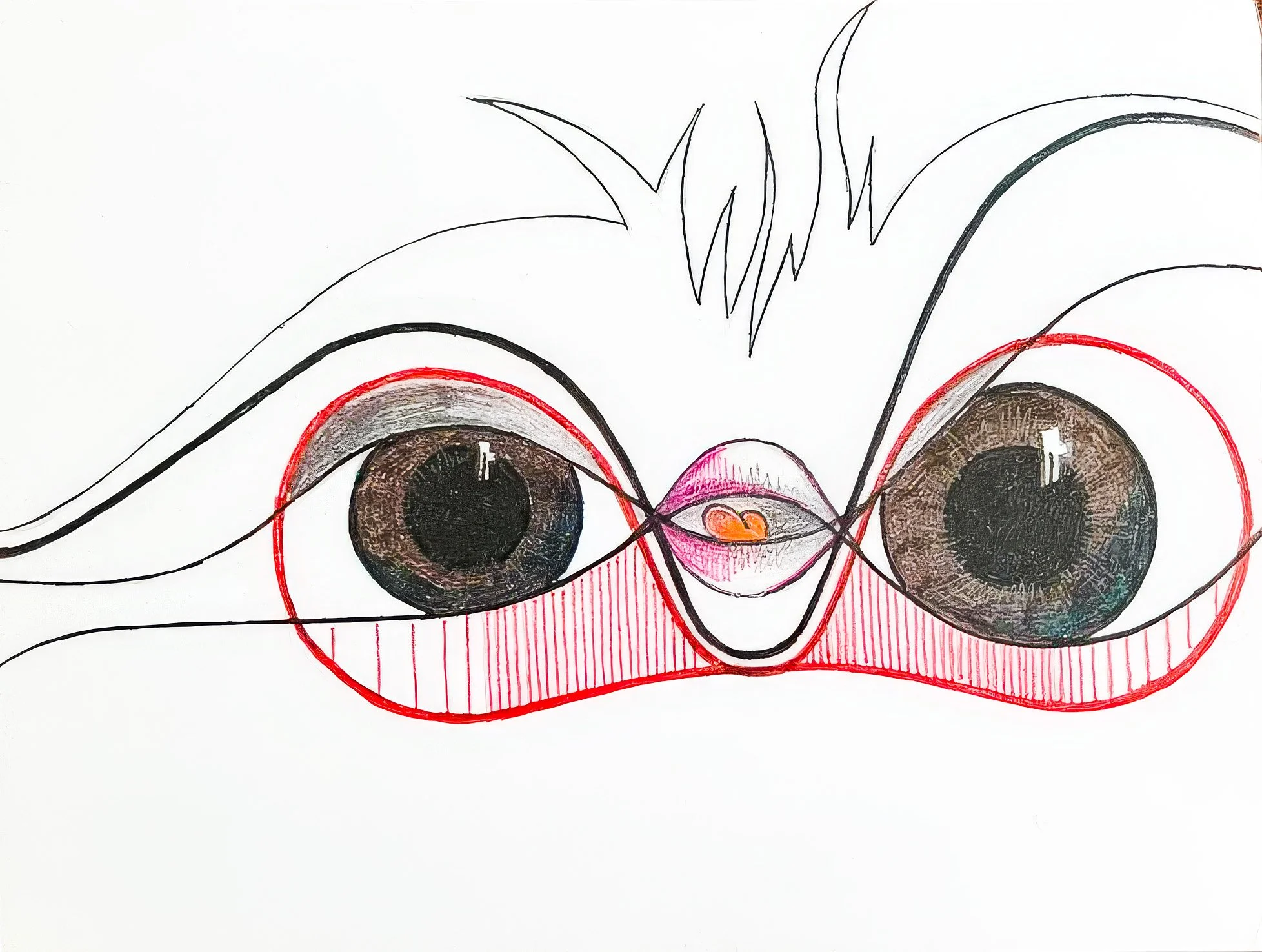 'Rietfloepertje' (2023), tekening van Xandra Dupper: een vogeltje met twee grote bruine ogen in een rode omlijning, een klein roze snaveltje en zwierige zwarte lijnen met een stekelig kuifje