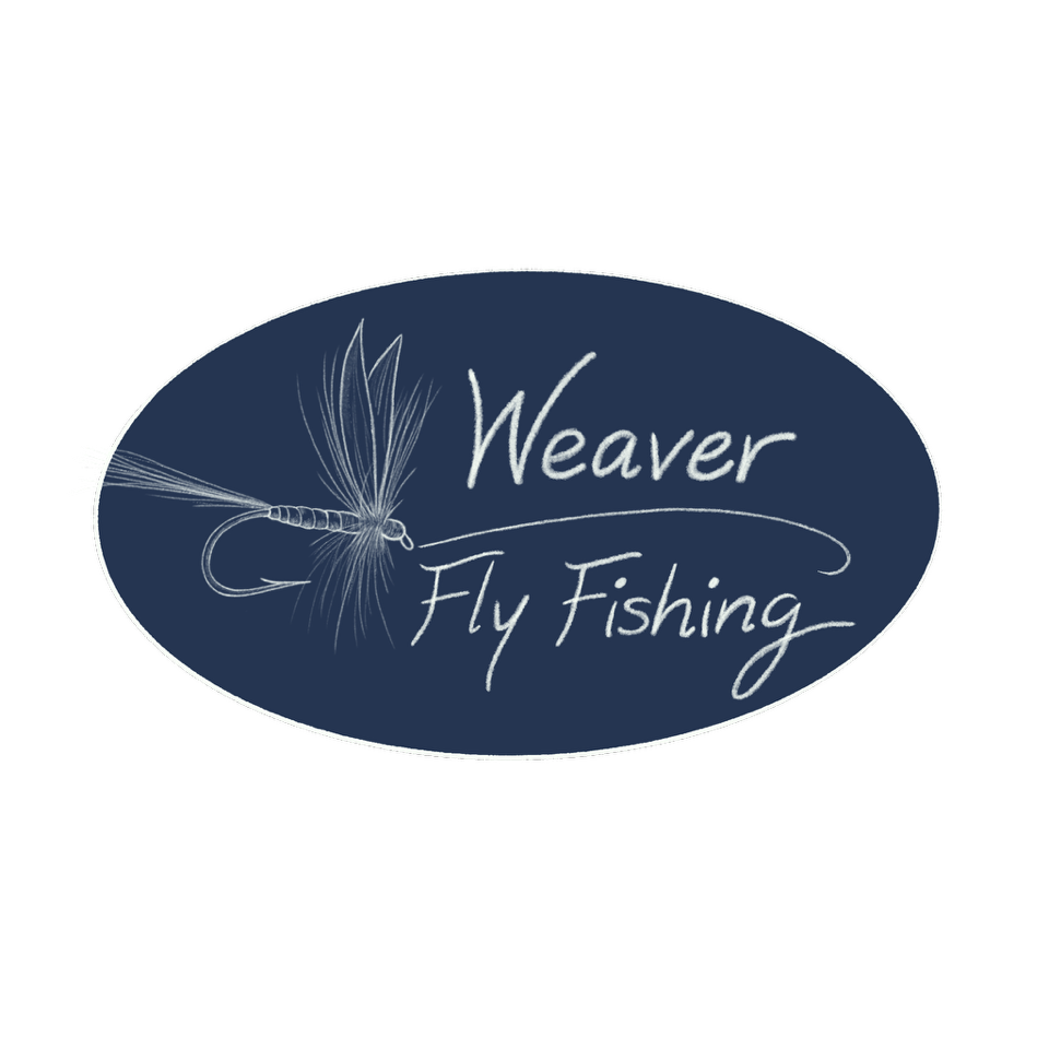 A logo with a fishing fly and the text 'Weaver Fly Fishing' inside a blue oval.