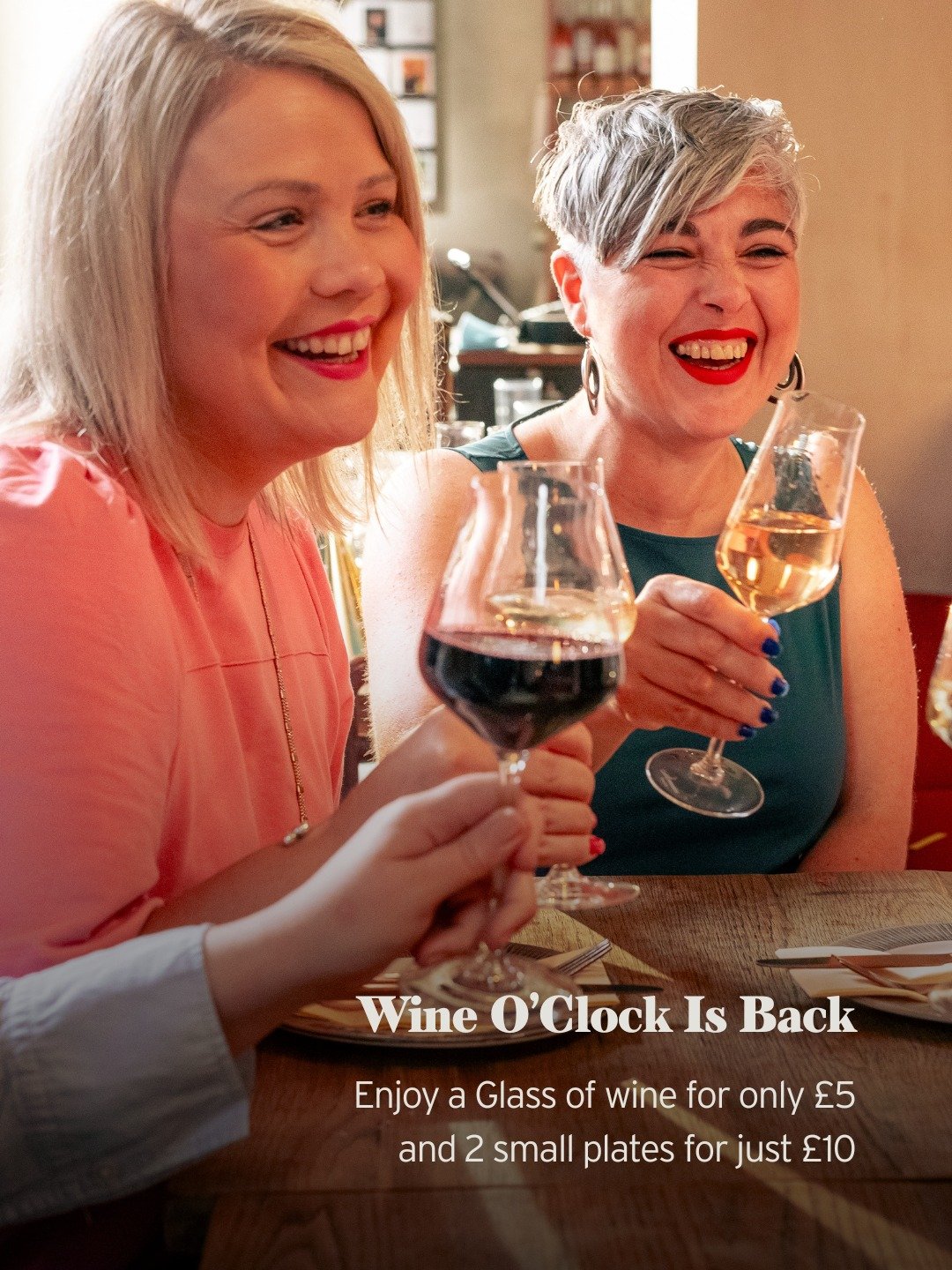 Wine O'Clock is back! Available Monday to Friday from 5pm to 6pm at Battersea, Canary Wharf, Crouch End and Islington 🍾

Enjoy &pound;5 Glass of Wine and 2 small plates for just &pound;10 🍽️

#happyhour #wineoclock #wineoffers #afterworkdrinks #aft