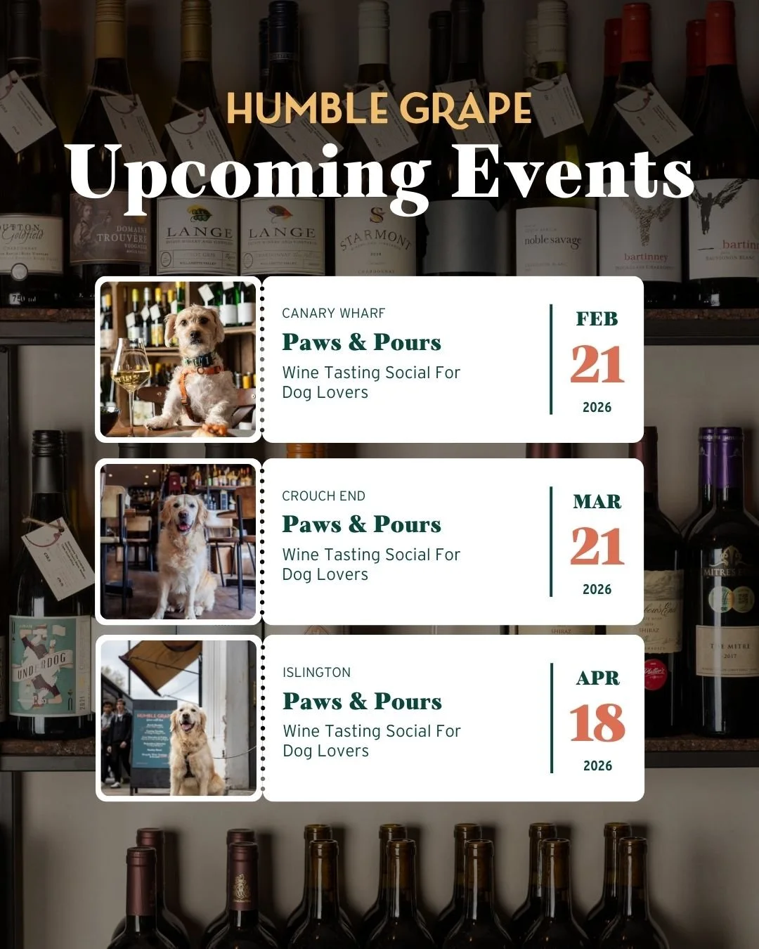 Paws &amp; Pours: Wine Tasting Social For Dog Lovers is selling out quickly! Hosted by Humble Grape &amp; Reva, this wine tasting social brings together organic wines paired with dog breeds, curated pet treats, and a community of dog lovers.

Upcomin