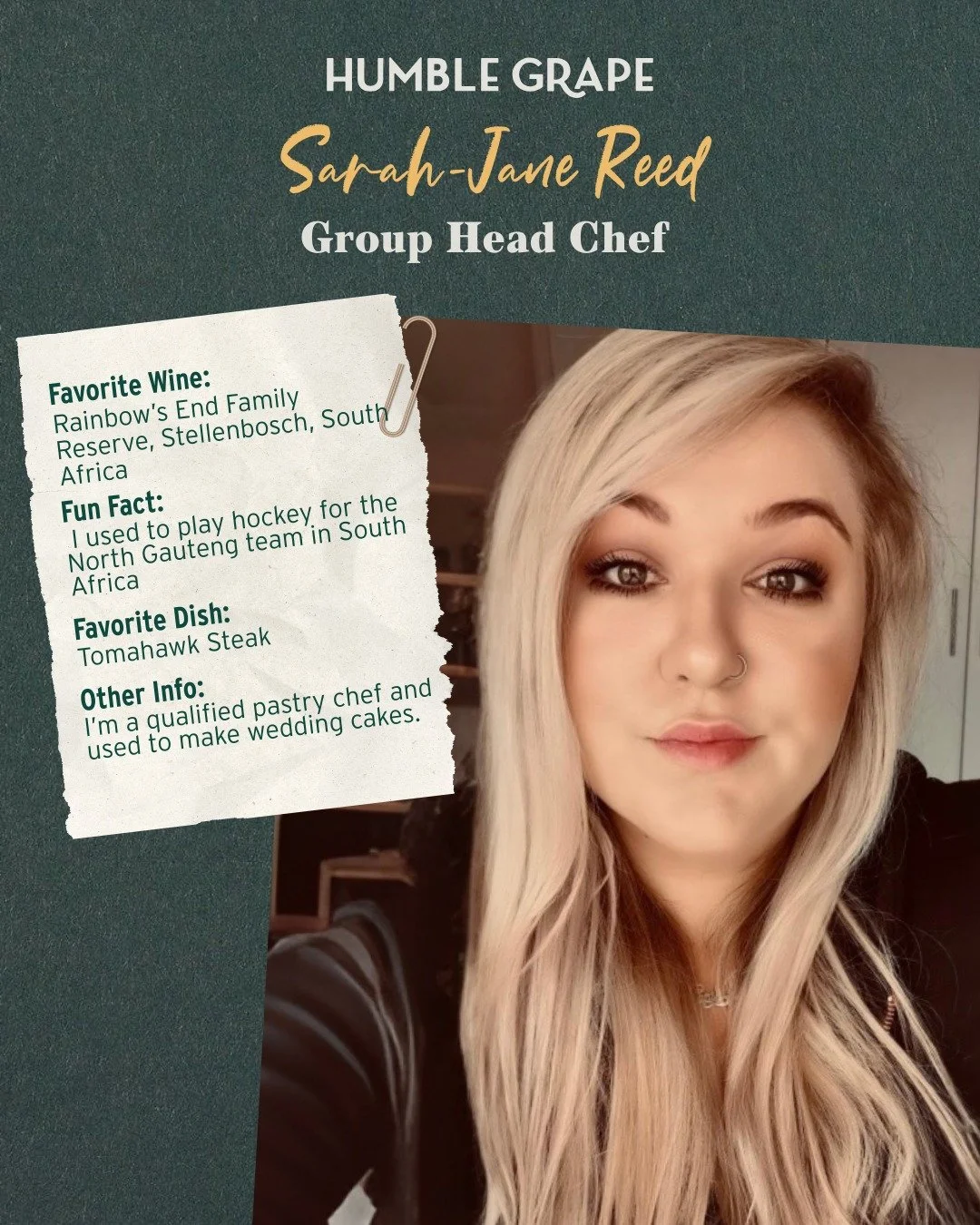 Meet Sarah-Jane, our Group Head Chef at Humble Grape 🍇

Interested in trying her wine pick? Head to the link in our bio to shop online 🛒

#womensmonth #internationalwomensmonth #womeninwine